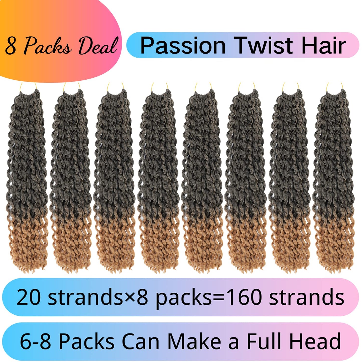 Passion Twist Hair 24 Inch Water Wave Crochet Hair for Black Women Long Passion Twist Crochet Hair for Butterfly Locs 8 Packs Curly Crochet Passion Twist Braiding Hair Extensions Ombre Colors T27