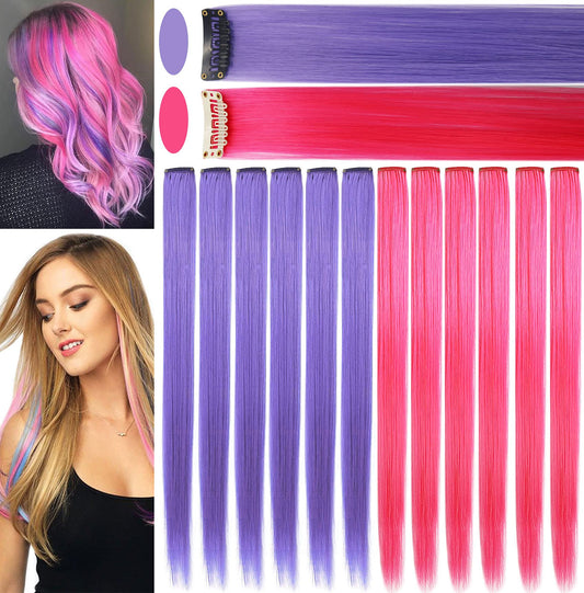 Rhyme Colored Hair Extensions Clip In 21 inch Straight Rainbow Hair Extensions Accessories For Girls Kids Women Birthday Festival Gift Party Highlights Rainbow Wig Pieces 12PCS (Pink Lavender)