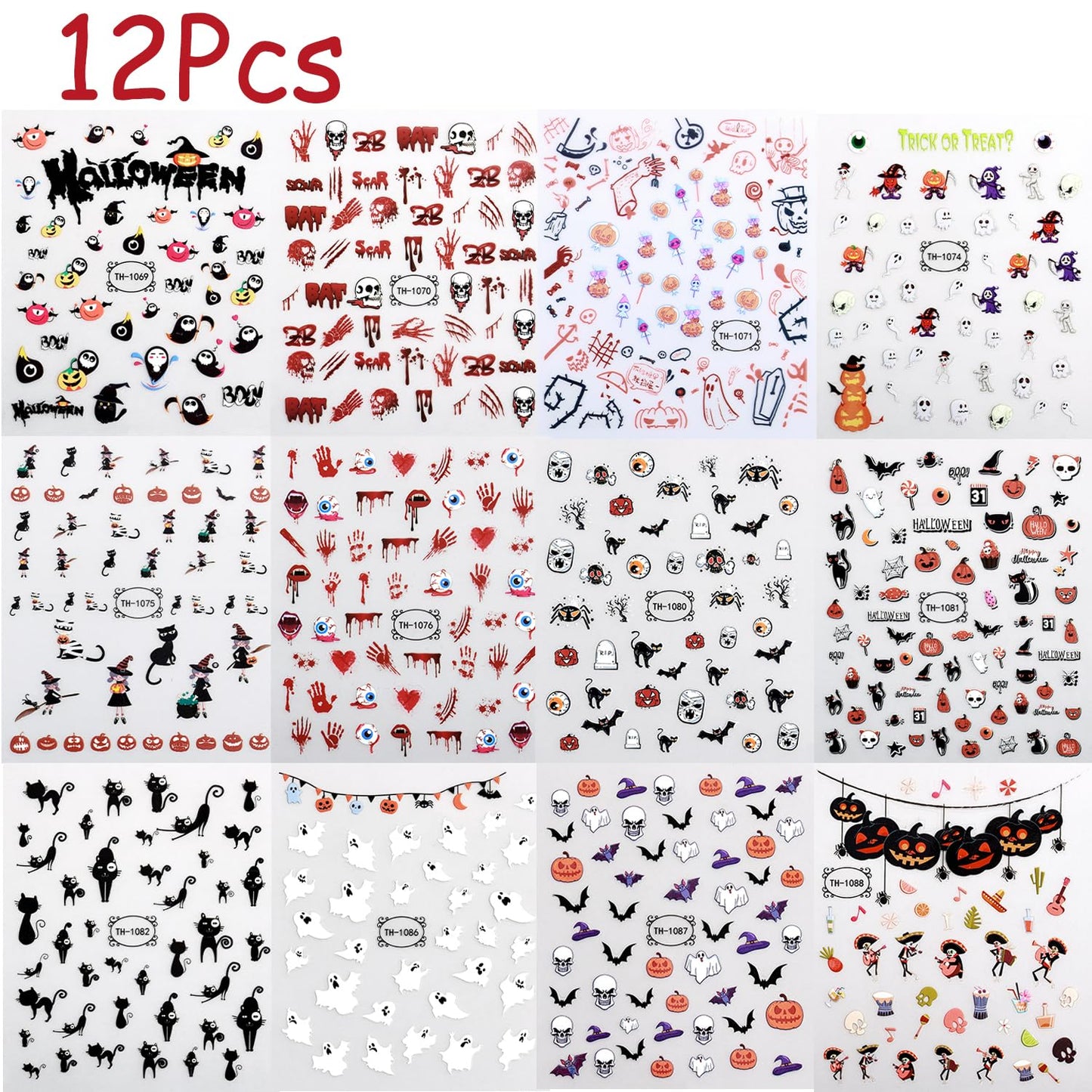 12 Sheets Halloween Nail Art Stickers Decals Cute Ghost 3D Self-Adhesive Nail Supplies Skull Cat Bat Pumpkin Bloody Glow in The Dark Designs Nail Decorations for Women Kids DIY Manicure Accessories