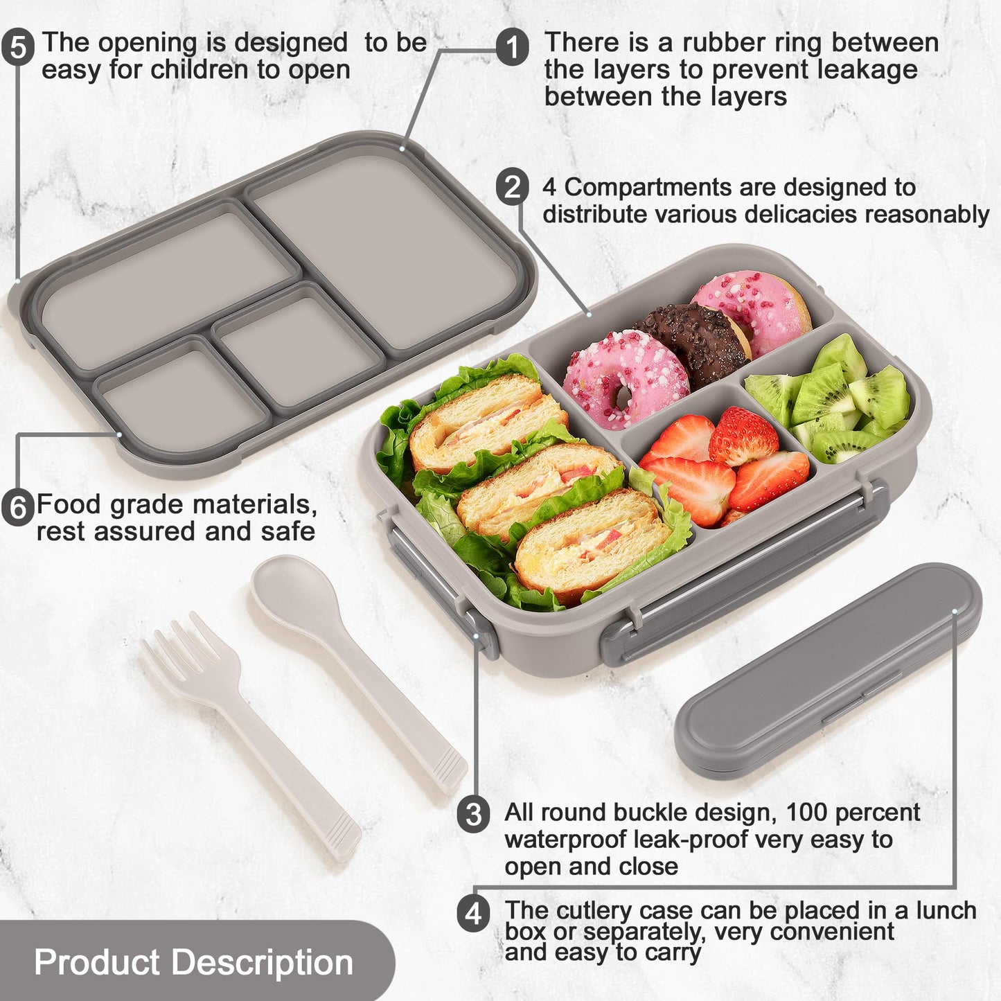 Amathley Lunch Box Kids,Bento Box Adult,Leakproof Lunch Containers for Adults/Kids/Toddler,1200ML-4 Compartments bento Lunch box with Utensil,Microwave & Dishwasher & Freezer Safe (White)