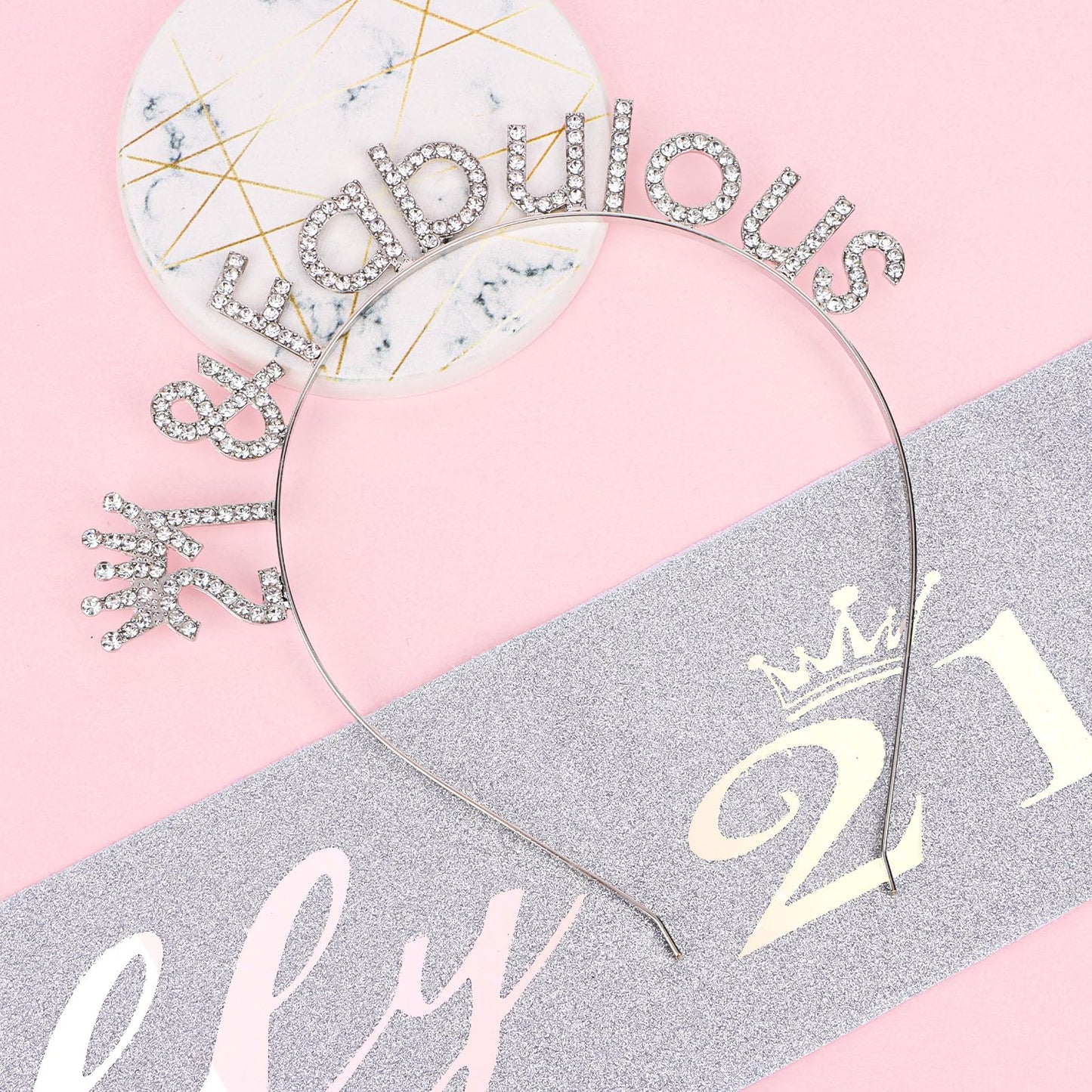 CAVETEE 21st Birthday Crown and Sash，Birthday Headband Silver Princess Tiara Finally 21 Sash and Crown Happy Birthday Sash for 21st Birthday Decorations for Birthday Gifts (silver)