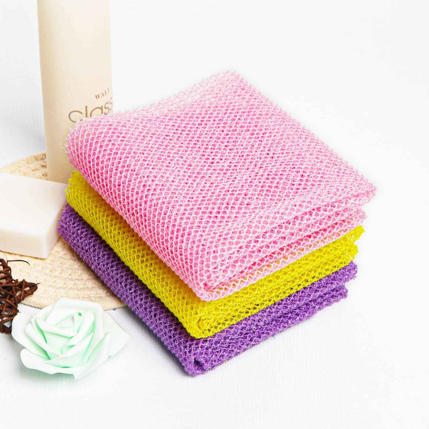 GIGULES, 3 Pieces African Net Bath Sponge African Exfoliating African Scrubbing Long Net Rag African Wash Net Shower Body Scrubber, Yellow Pink Purple