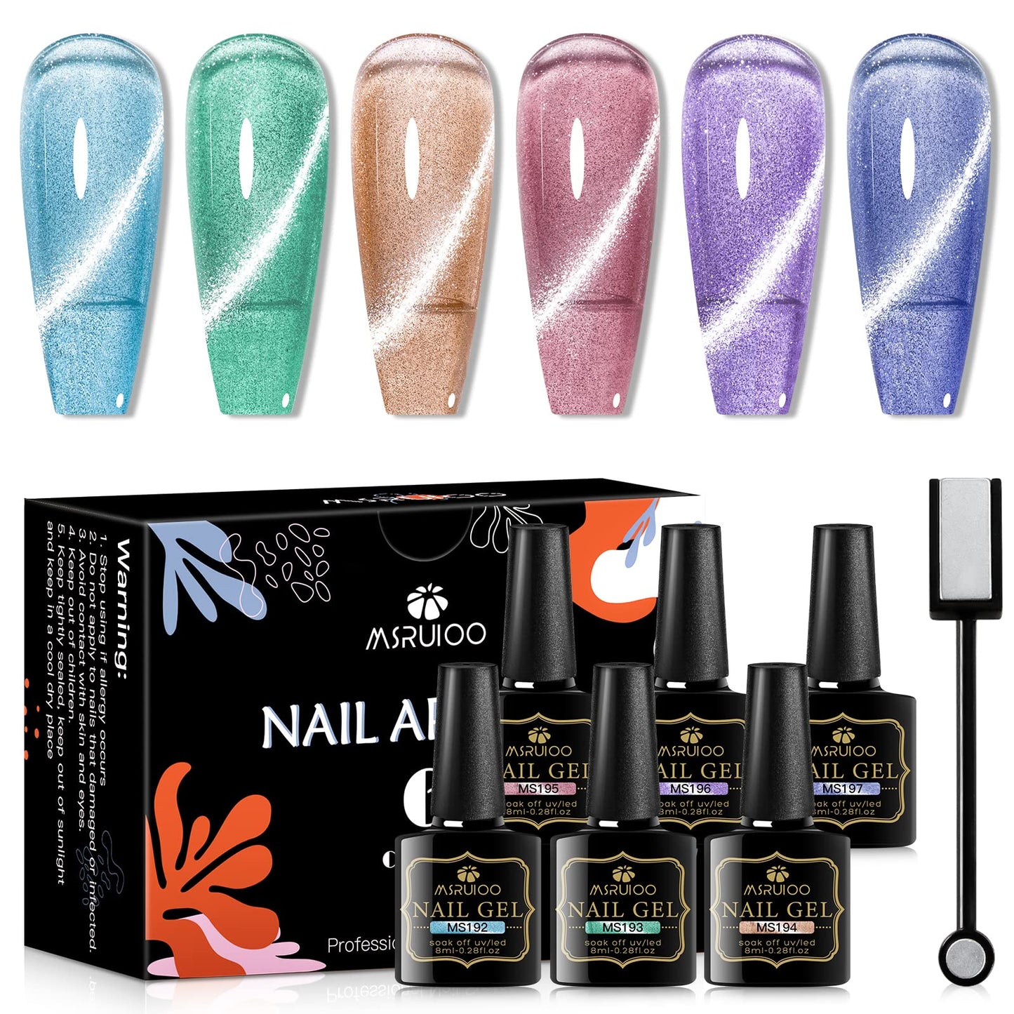 MSRUIOO Cat Eye Gel Nail Polish Set, 6 Colors Magnetic Gel Nail Polish Kit with Magnet Stick, Soak Off UV LED Gel Polish with Starry Sky Effect, Cat eye Nail Polish for Home DIY Manicure Nail Salon