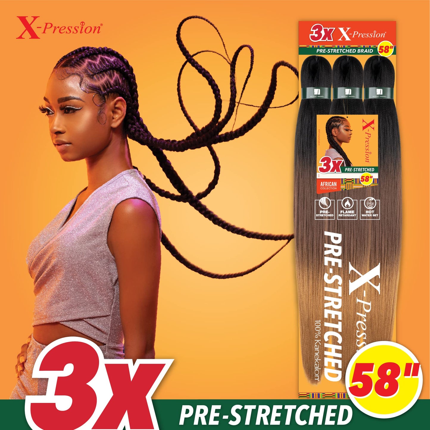 Sensationnel Xpression prestretched braiding hair - 3x xpression 58-inch kanekalon flame retardant smooth yaki braid - 3x x-pression 58 inch (2 pack, 2 DARKBROWN)