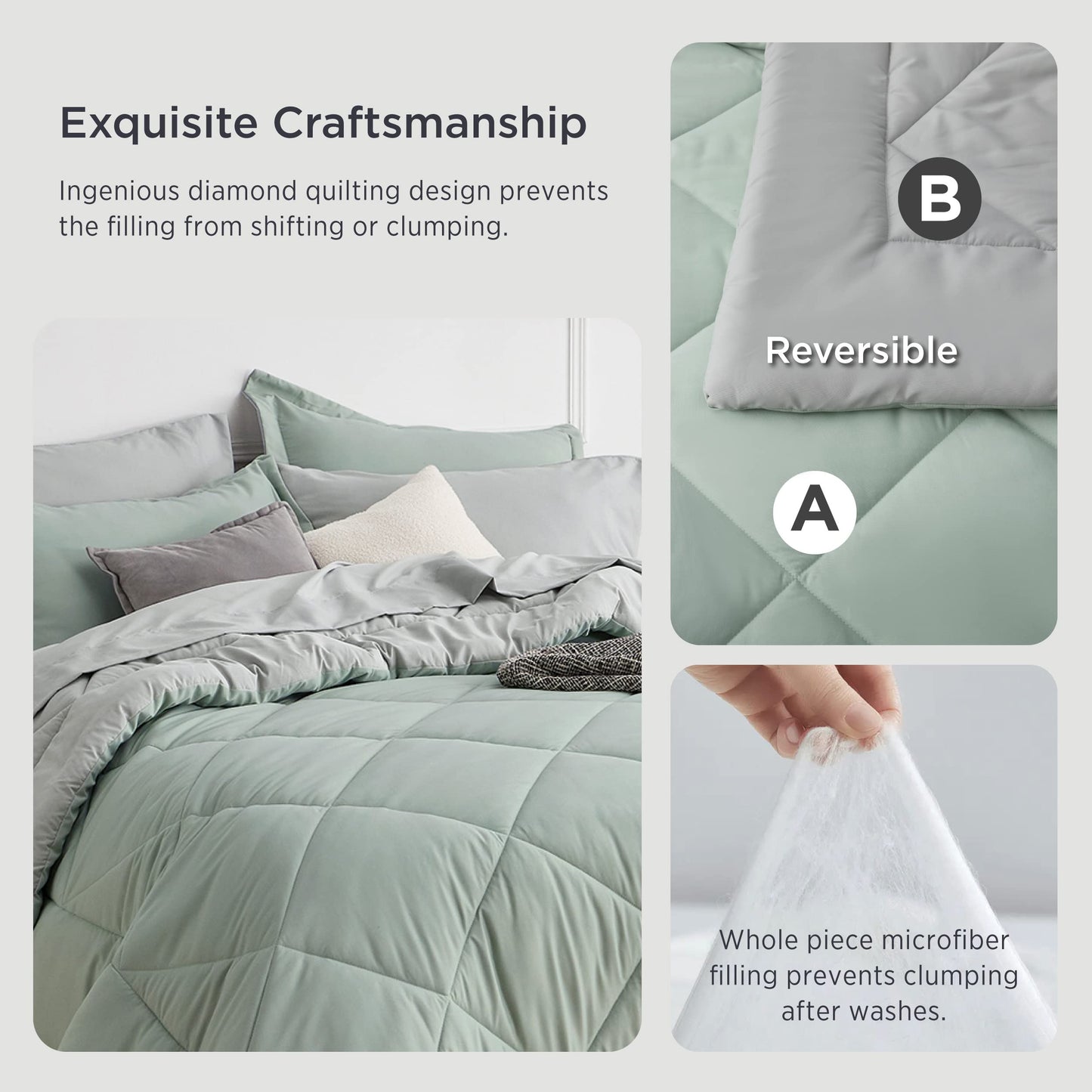 Bedsure Sage Green Twin Comforter Sets - 5 Pieces Reversible Twin Bedding Sets for College, Sage Green Extra Long Bed Set Twin with Comforters, Sheets, Pillowcase & Sham