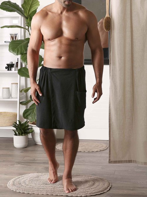 DII Men's Terry Shower Wrap Collection Adjustable Closure and Pocket, 54x20, Black