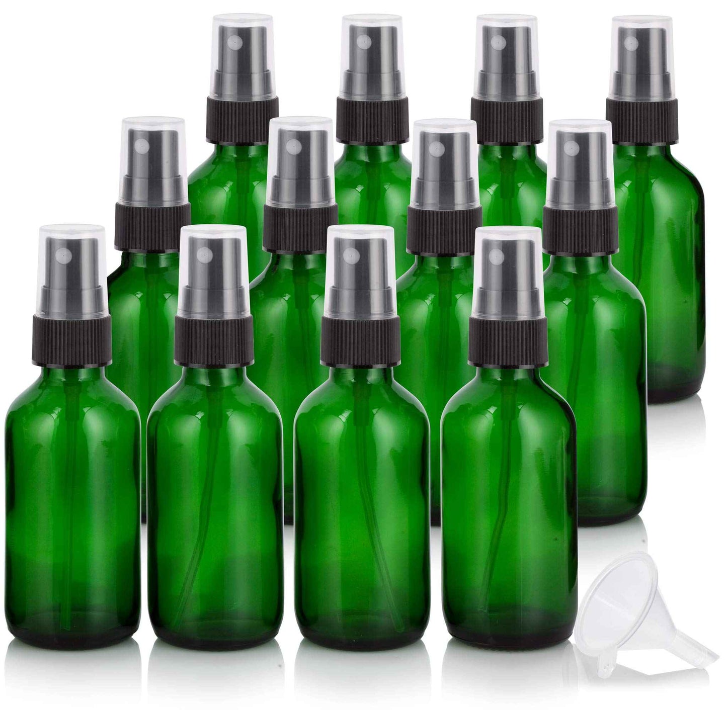 JUVITUS 2 oz Green Glass Boston Round Bottle with Black Fine Mist Spray (12 Pack) + Funnel
