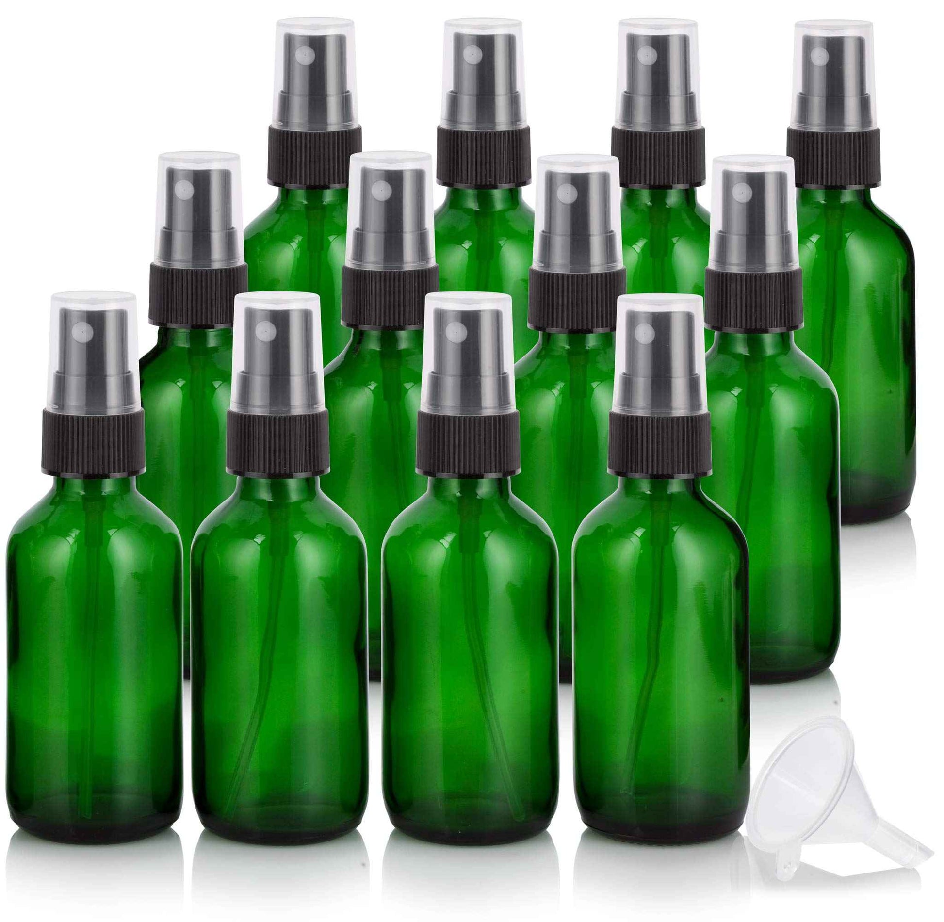 JUVITUS 2 oz Green Glass Boston Round Bottle with Black Fine Mist Spray (12 Pack) + Funnel