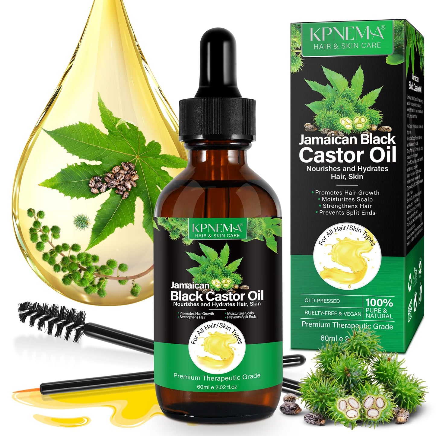 KPNEMA Jamaican Black Castor Oil for Hair Growth, Multipurpose Black Jamaican Castor Oil for Hair and Skin, Anti Breakage,Anti Split Hair,Organic Black Castor Oil(2.02 Fl Oz)