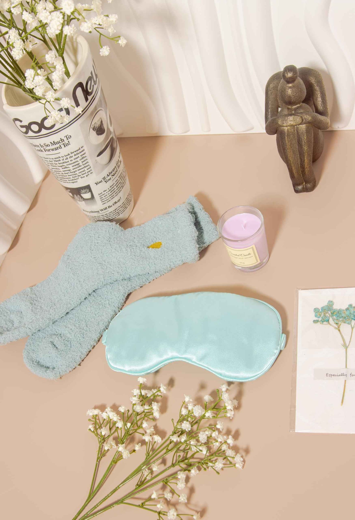 Spa Gift Set for Women – Relaxation Gift Box with Candle, Fuzzy Socks, Satin Eye Mask – Spa Kit for Birthday, Thank You, Bridesmaid, Holidays (Aqua Blue)