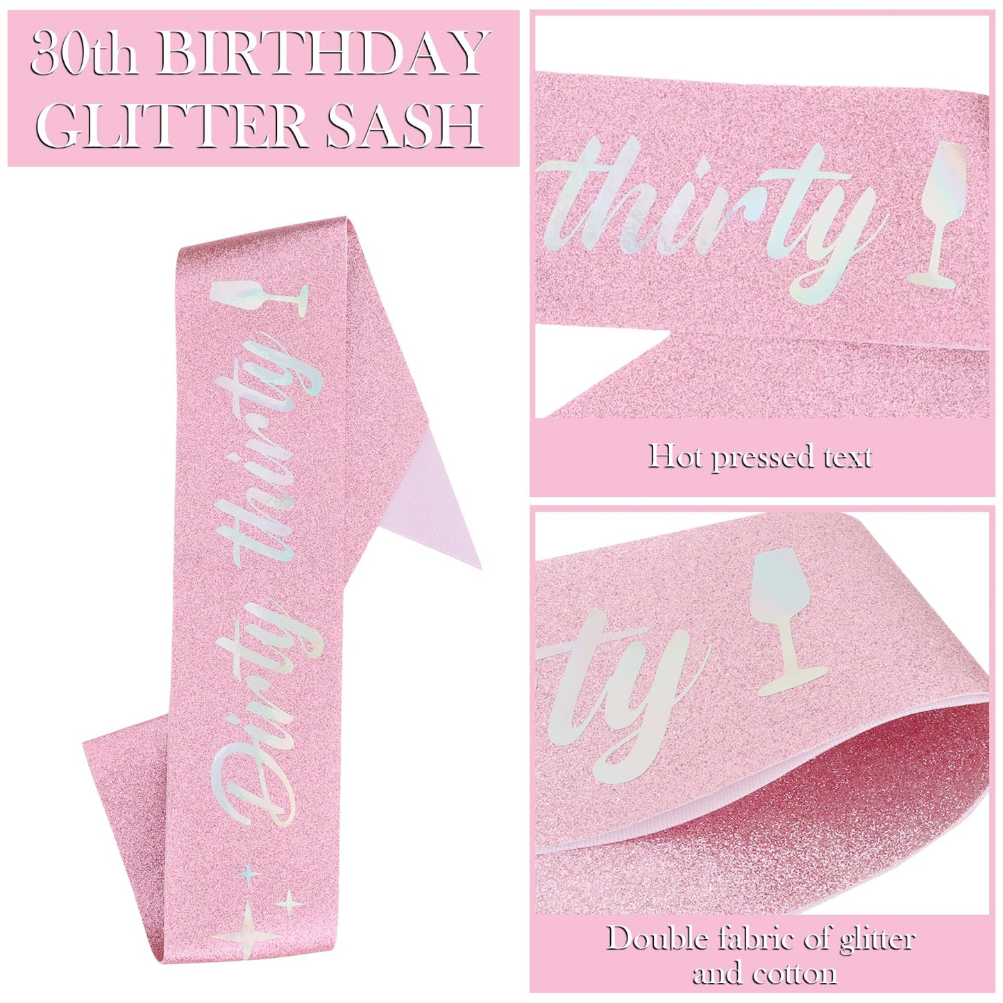 Semato 30th Birthday Sash & Rhinestone Dirty 30 Birthday Headband Kit- Pink Dirty thirty Birthday Sash Happy 30th Birthday Decorations for Her 30th Birthday Gifts Party Decorations