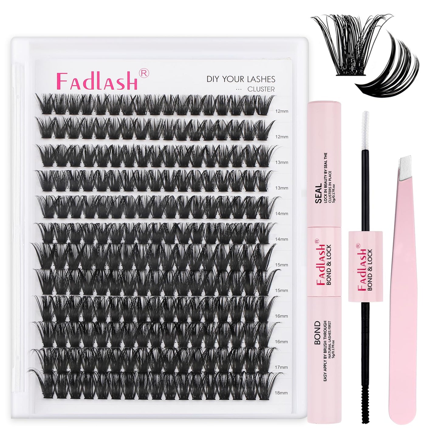 FADLASH DIY Lash Extension Kit Individual Lashes Cluster D Curl Eyelash Extension Kit with Lash Bond and Seal and Lash Applicator Tool for Self Application at Home (80D-0.07D-12-18MIX KIT)