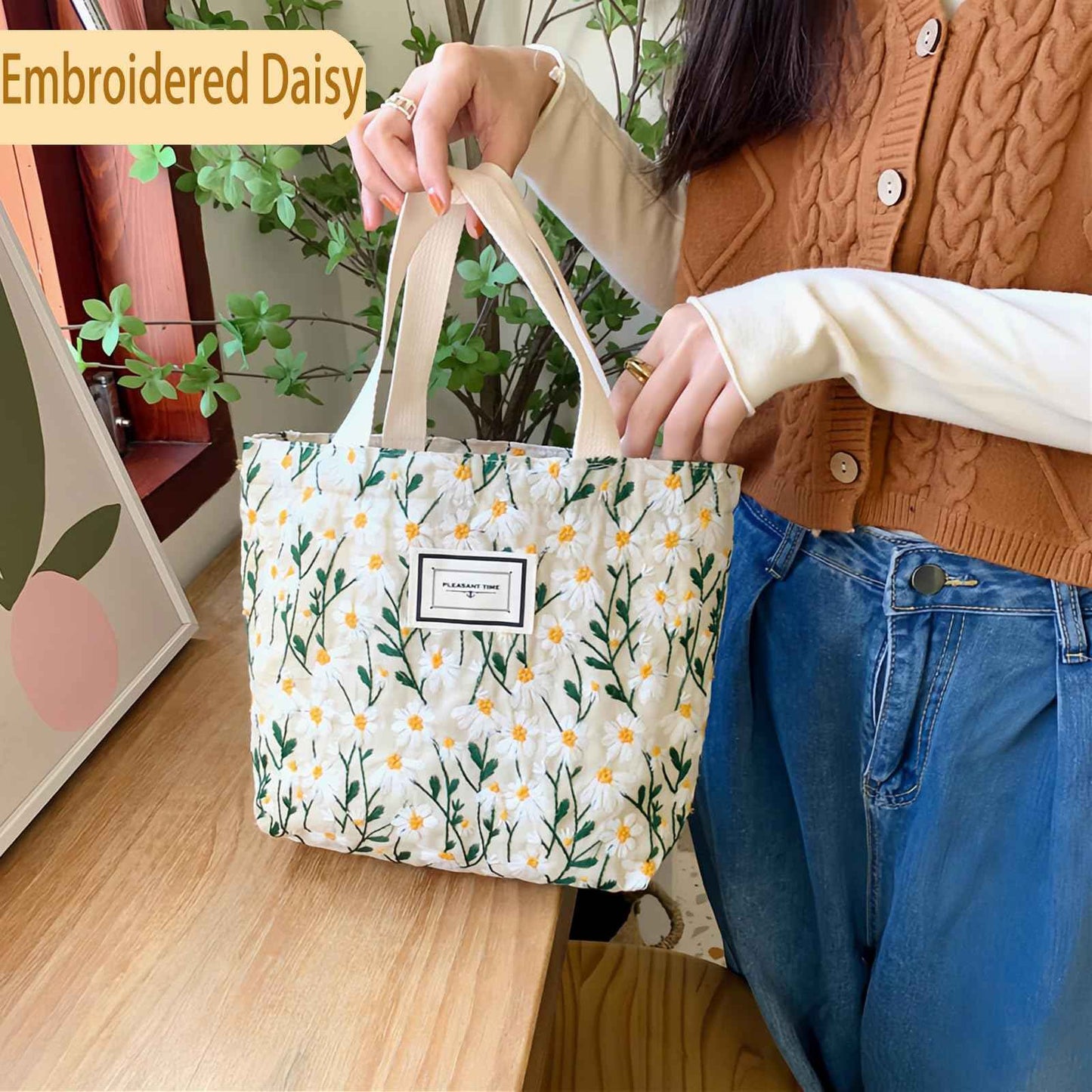 Kovewon 2PCS Small Tote Bag for Women Mini Canvas Embroidered Daisy Book Tote Bag Cute Corduroy Aesthetic Floral Reusable Bags for Grocery, Essentials, Water Bottle, Keys, Book, Bible