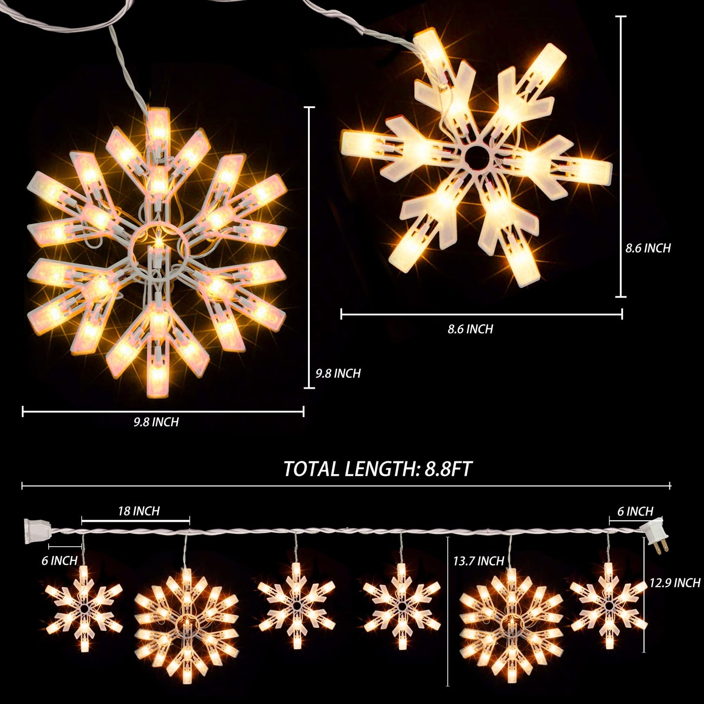 FUNPENY 8.5 FT Snowflake String lights with 6 Drops, 100 Lights Connectable Christmas Icicle Lights Plug in, Fairy Curtain Lights for Outdoor Indoor Xmas Home Party Wedding Decorations (Warm White)