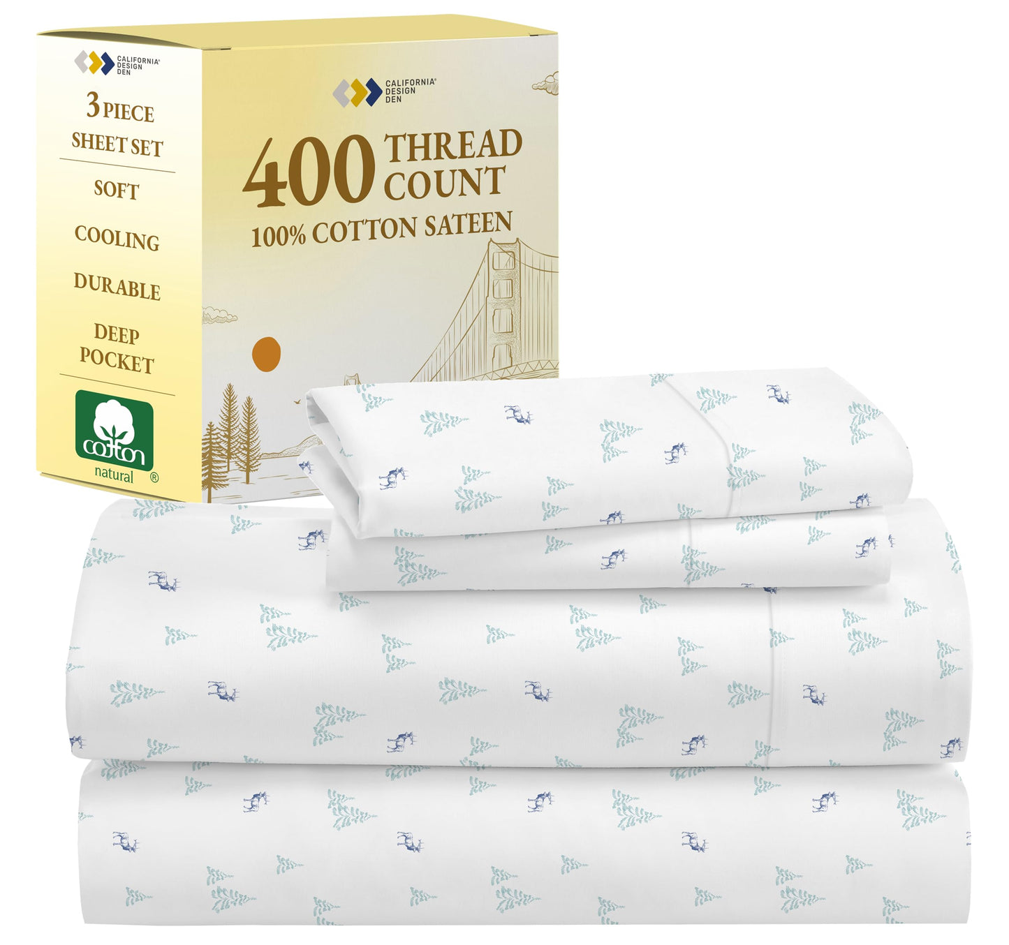 California Design Den Lodge Sheets Twin Size Printed Set, 400 Thread Count, 100% Cotton Sateen, 3 Pc Twin Size Sheets Set, Deep Pocket Sheets & Pillowcase Set - Lodge Camp