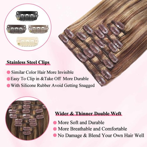 Clip in Hair Extensions Real Human Hair, Seamless Clip ins Real Human Hair for Women, Balayage Remy Human Hair Clip in Extensions, Double Weft 8pcs 16 inch Chocolate Brown to Caramel Blonde