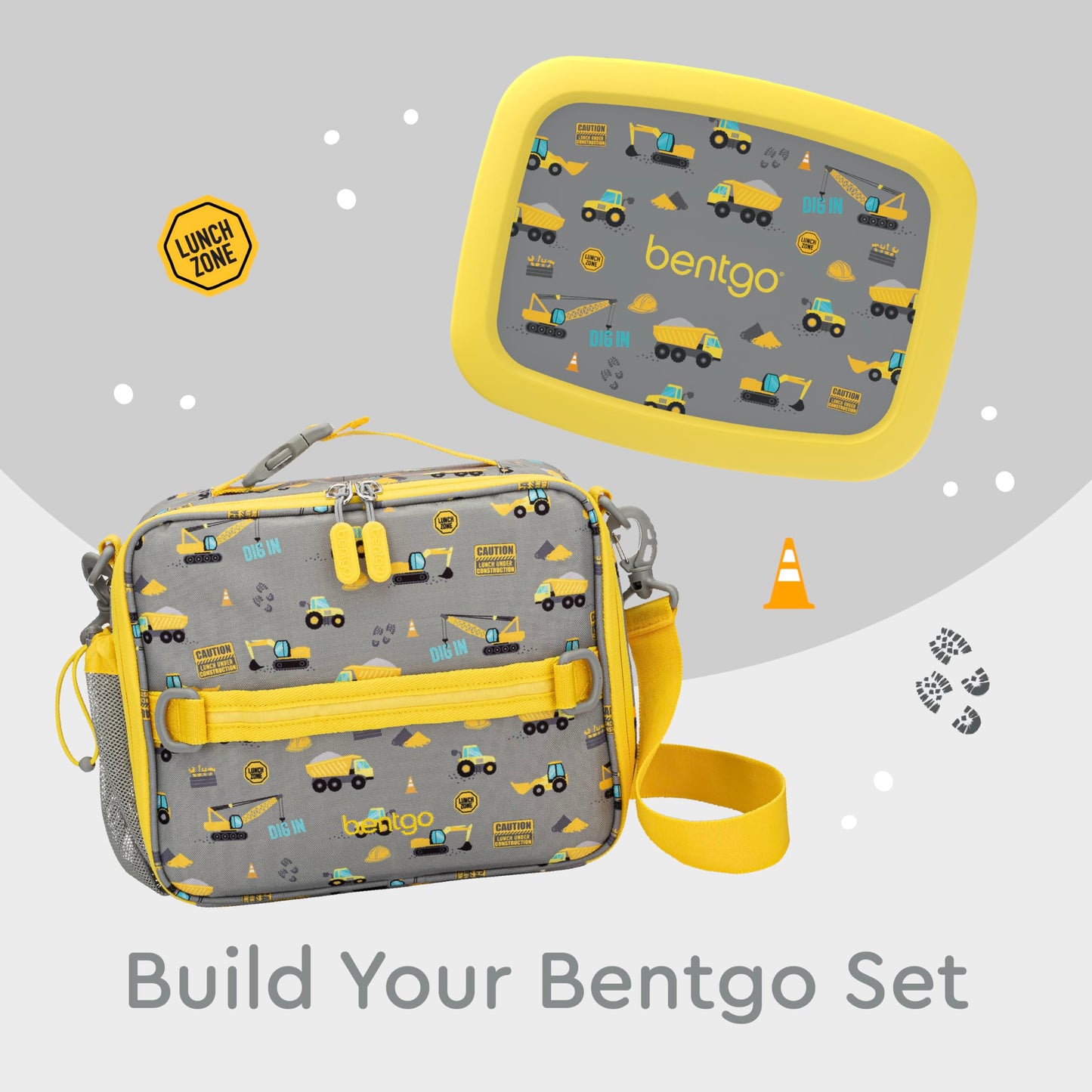 Bentgo Kids Lunch Bag - Durable, Double-Insulated Lunch Bag for Kids 3+; Holds Lunch Box, Water Bottle, & Snacks; Easy-Clean Water-Resistant Fabric & Multiple Zippered Pockets (Construction Trucks)