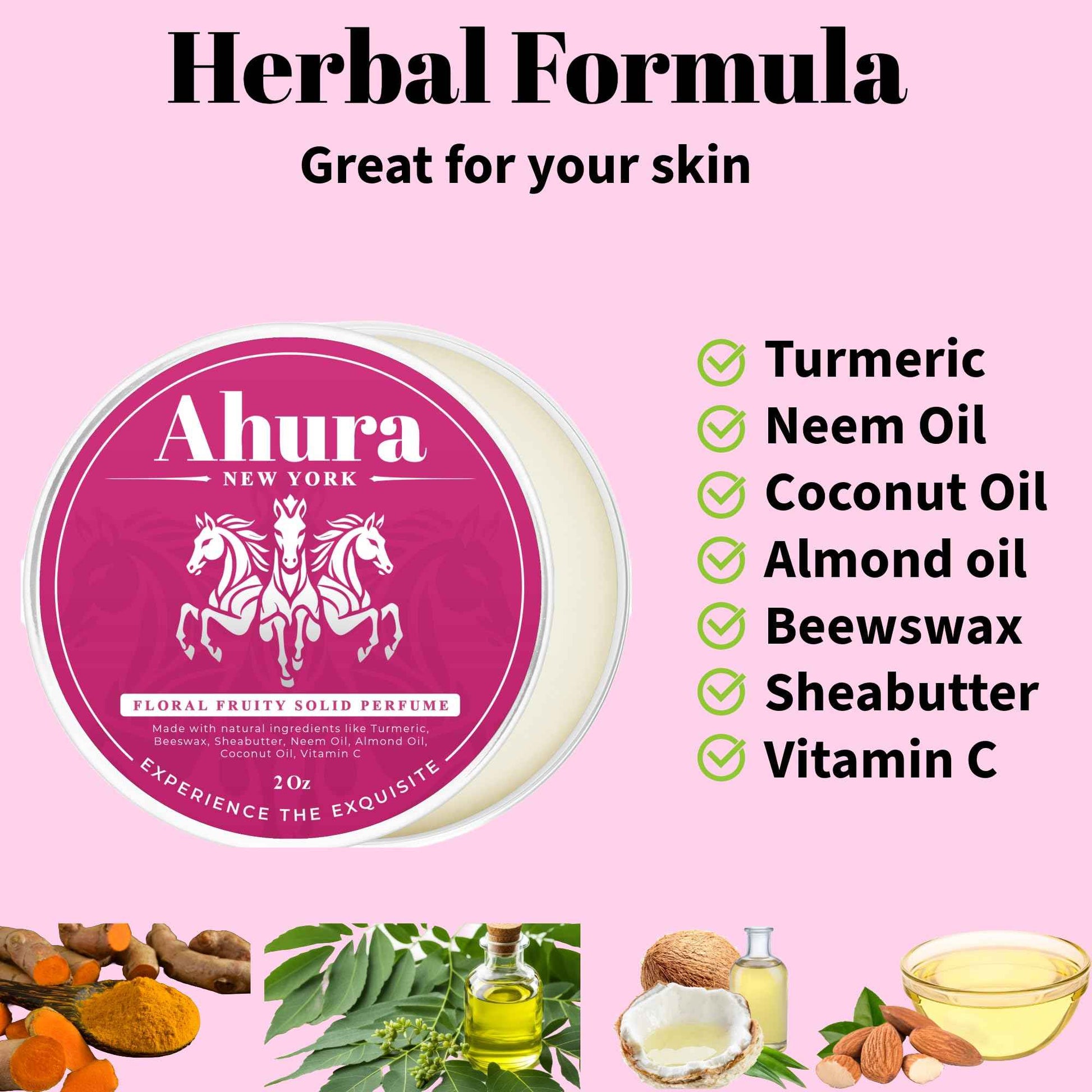 Ahura Herbal Natural Floral Eau de Parfum, Solid Perfume Balm, with notes of with Iris, Patchouli, Warm Vanilla & Spun Sugar, No Alcohol, Cruelty-Free, Sensual, 2 oz (2 Pack Holiday Gift Box)