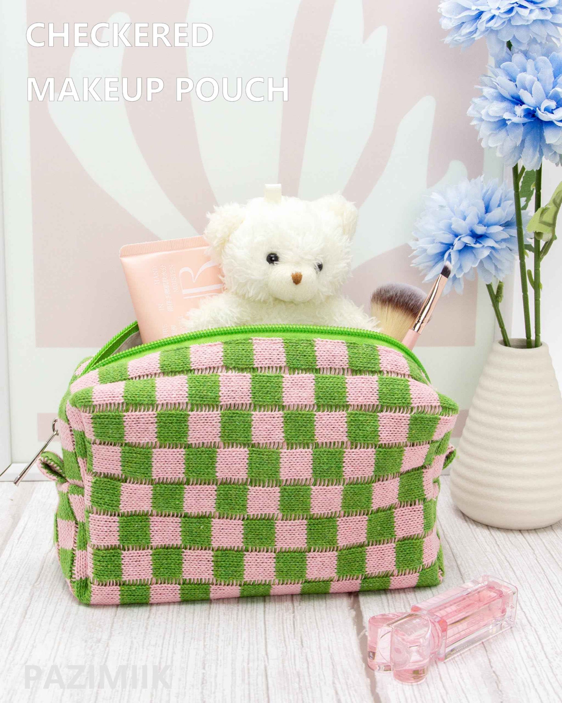 PAZIMIIK Checkered Makeup Bag for Purse Portable Zipper Make Up Pouch Small Cosmetic Case for Travel Accessories Pink Green