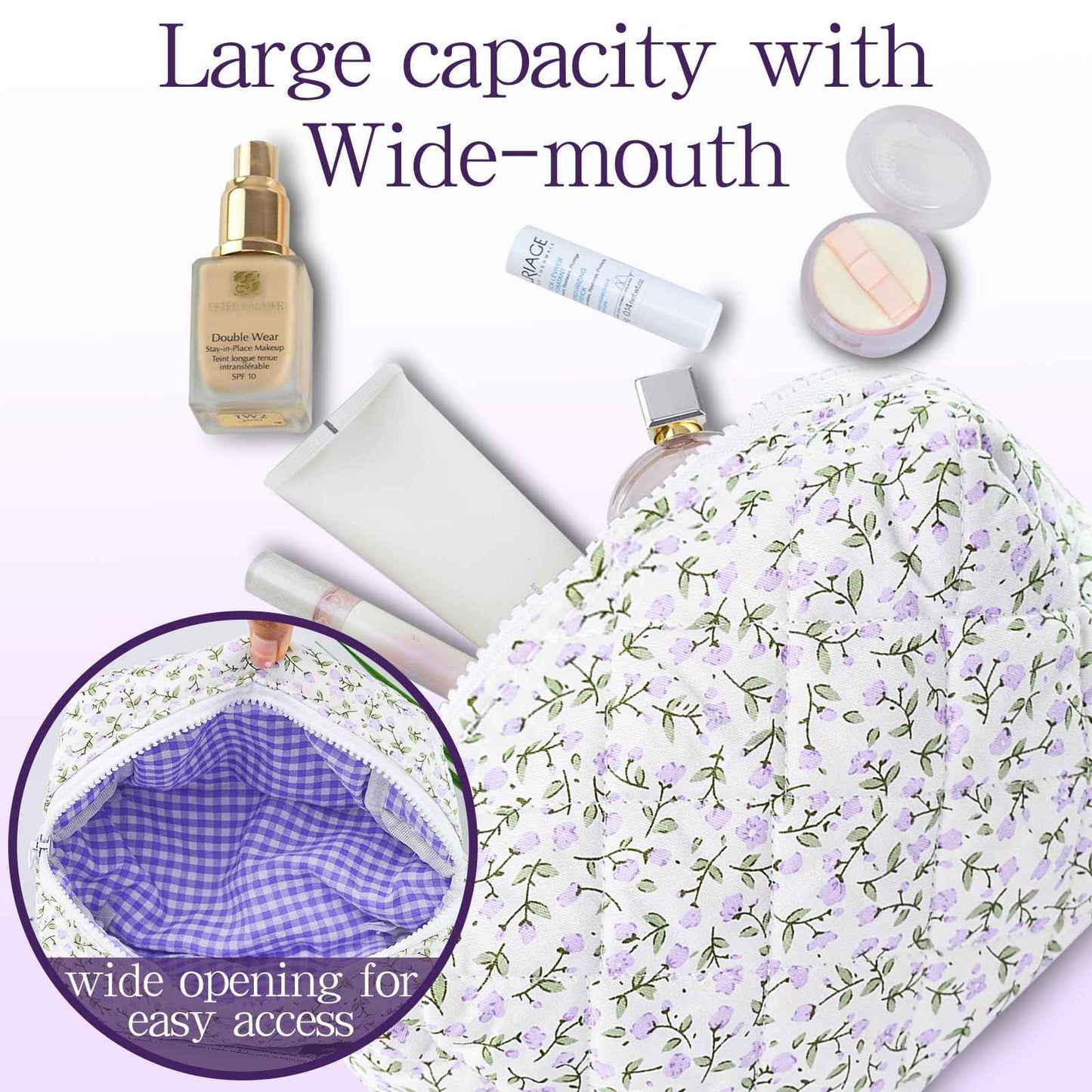 Quilted Makeup Bag Floral Cotton Make up Bag Puffy Coquette Makeup pouch Aesthetic Cute Travel Toiletry Bag for Women Girls