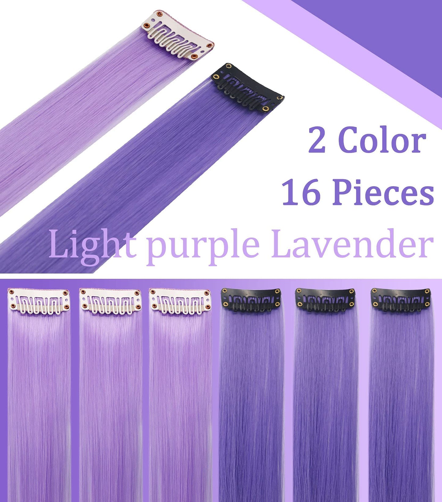 SARARHY Colored Hair Extensions 21 inch Multicolors Party Highlights Straight Hair Extension Clip In/On For girls and Women Costume Wig Pieces 16 PCS (Lavender Light purple)