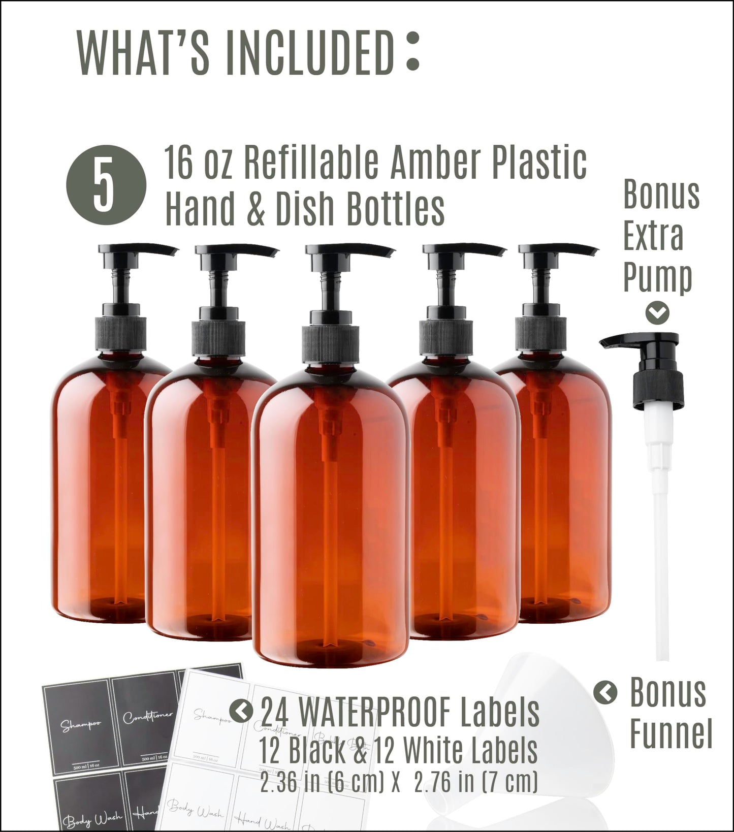 Alora 5-in-1 Apothecary Bottles for Home & Commercial Use - 16oz Elegant 8.5x3in Refillable Amber Shampoo Storage, Handwash, Massage Oils - Includes 24 Waterproof Labels, Bonus 2CC Pump & Funnel