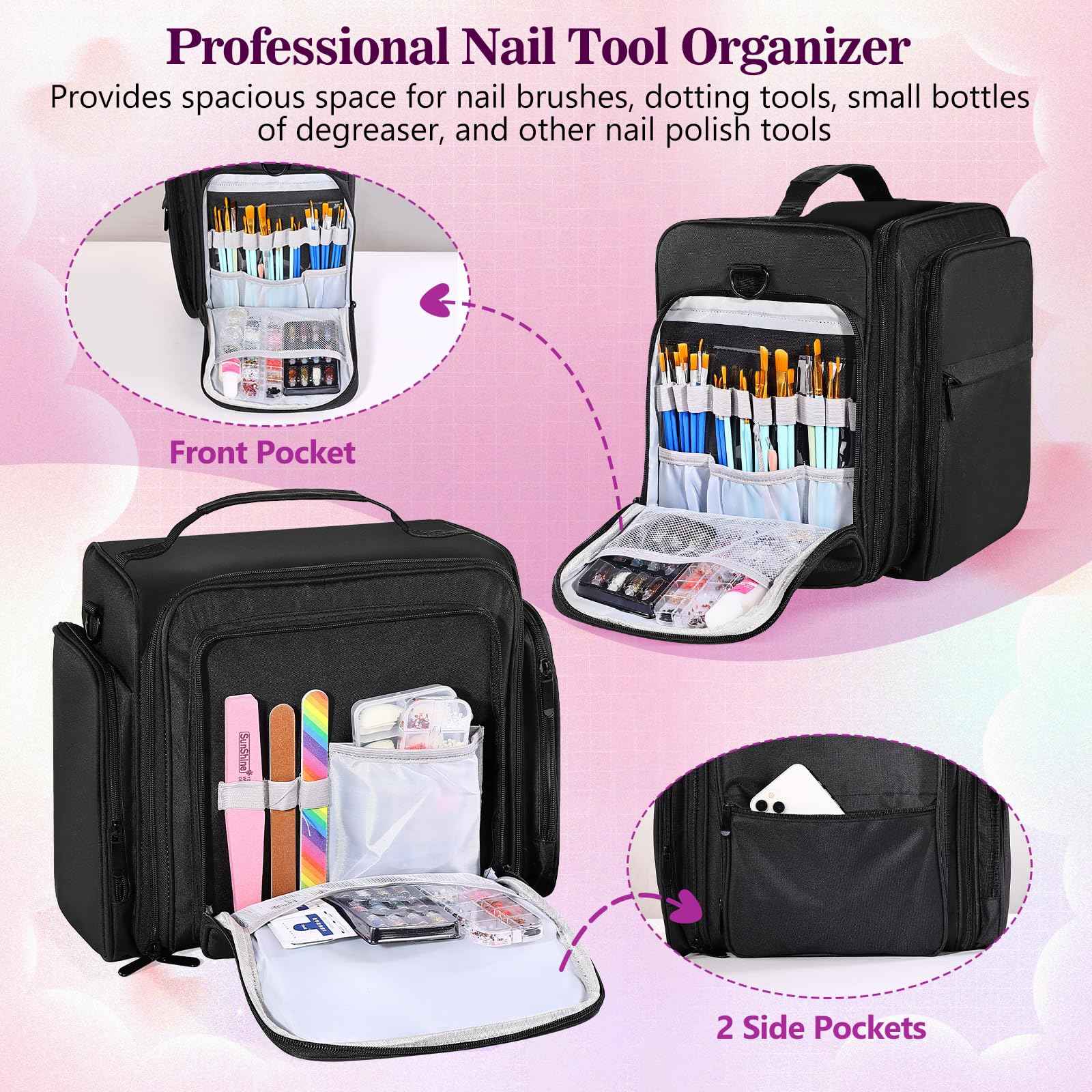 ZWRTU Extra Large Nail Polish Organizer Case Holds 105 Bottles with 3 Removable Pouches for Manicure Tools, Supplies, Nail Lamp, Gift for Girls