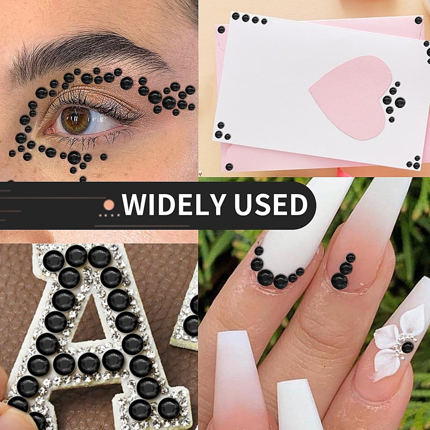 3555PCS Rhinestone Stickers for Crafts, Self Adhesive Gem Stickers 3/4/5/6/8 MM Face Jewels Stick on Bling Pearls for Face Eye Nail Hair Body Makeup Crafts DIY Scrapbooking Embellishments (Black)