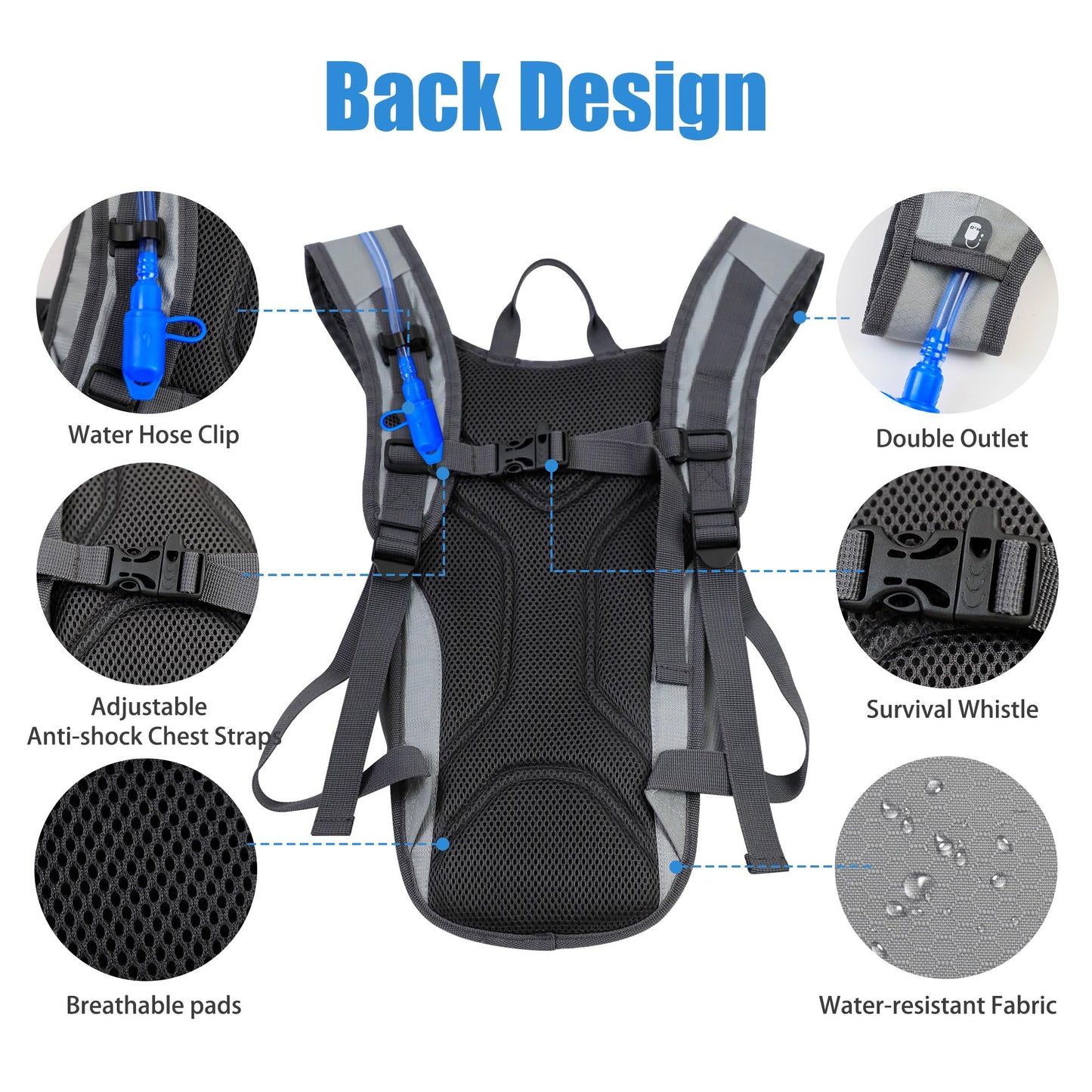 Zavothy Lightweight Hydration Backpack with 2L Water Bladder Water Backpack for Hiking Gear Hydration Pack for Cycling Running Biking Hiking Backpack Gray