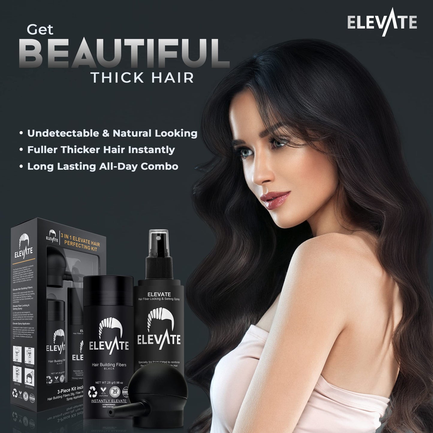 ELEVATE Hair Perfecting 3-in-1 Kit Set Includes Natural Hair Thickening Fibers & Spray Applicator Pump Nozzle & Locking Setting Hold Hair Spray | Instantly Conceal Balding Hair Thinning Areas (Black)