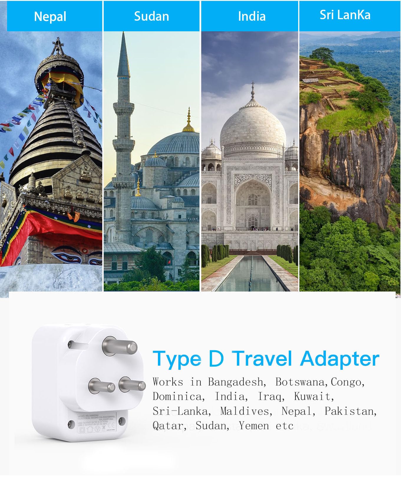 US to India Plug Adapter, Type D Plug Adapter with 2 Outlets 3 USB Ports(2 USB C), India Power Travel Adapter for USA to India, Bangladesh, Maldives, Pakistan, 2 Pack