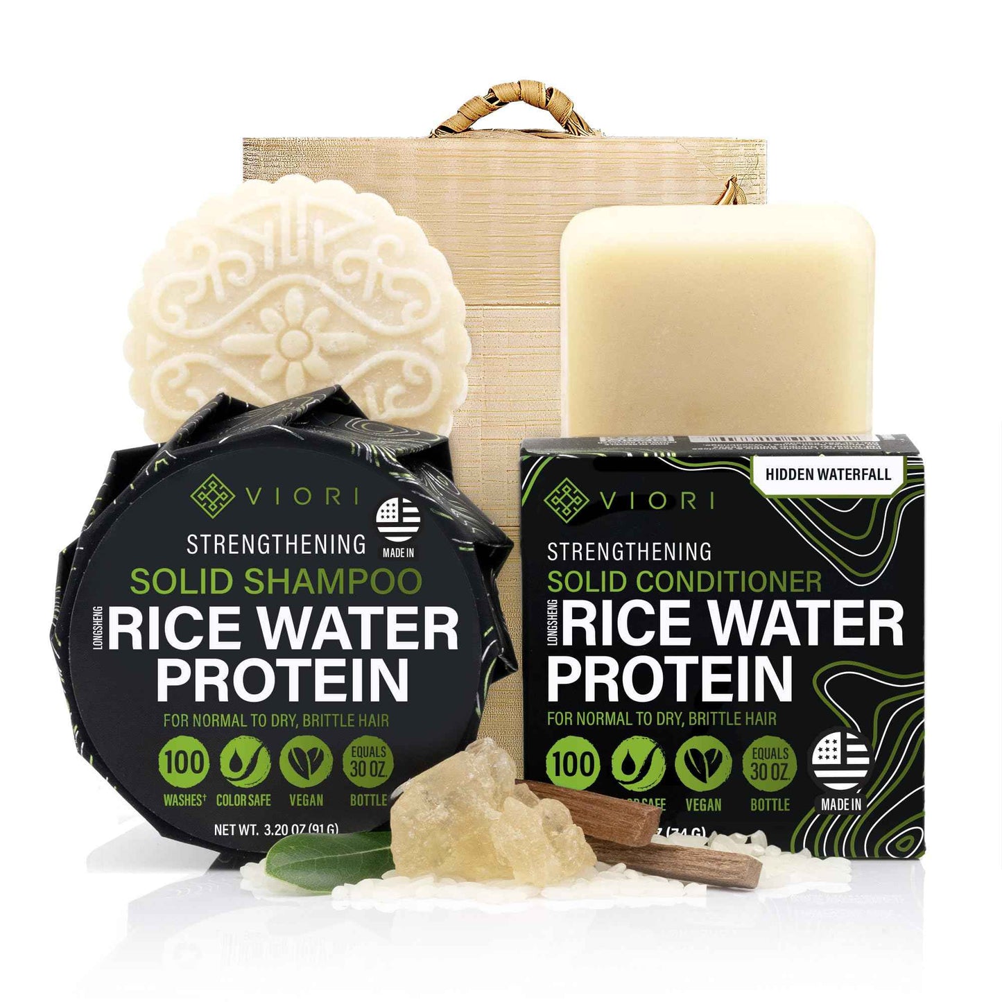 Viori Hidden Waterfall Shampoo and Conditioner Bar Set and Bamboo Holder - Made with Rice Water for Hair Growth - Handcrafted Sulfate Free Shampoo and Conditioner