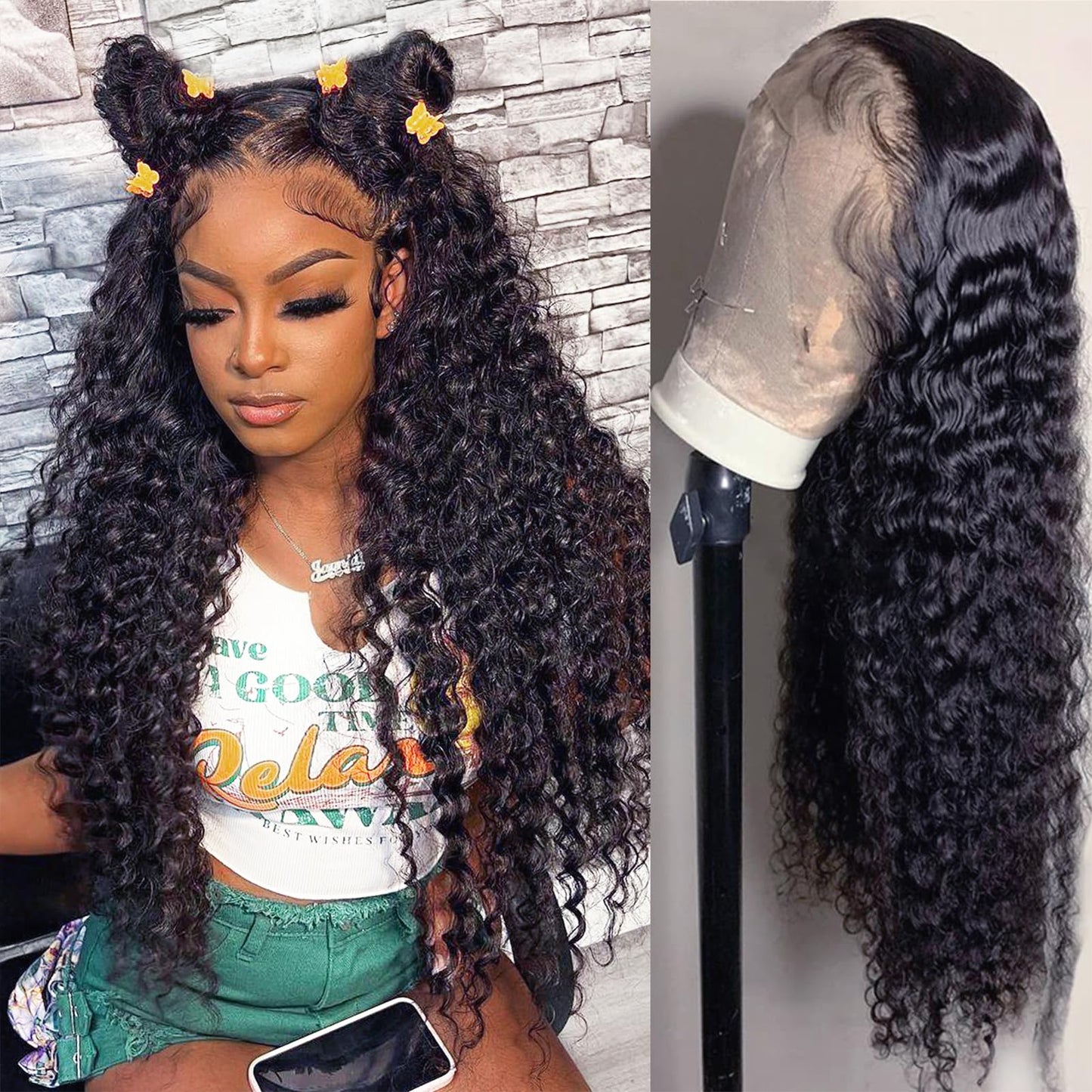 13x4 Deep Wave Lace Front Wigs Human Hair Pre Plucked 22 Inch Curly 150 Density Frontal Wig for Women Glueless Wigs with Natural Hairline (22 Inch)