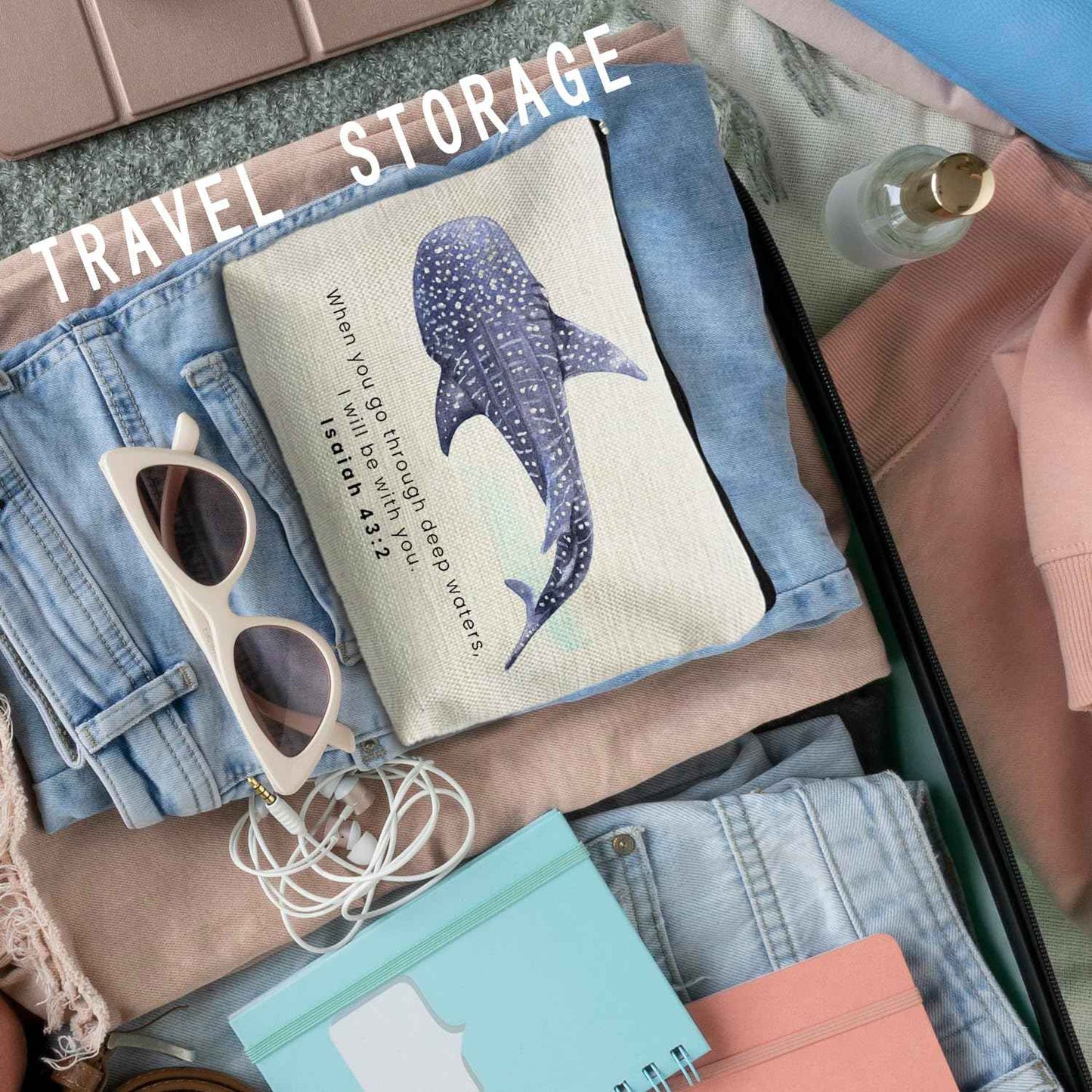 RYYCDOI Whale Shark Christian Makeup Bag Pouch, Christian Shark Gifts for Women, Bible Verse Gifts Isaiah 43:2, When you go through deep waters I will be with you