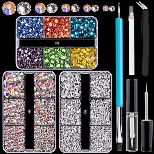 Colorful Face Gems for Makeup Set, Flatback Gorgeous AB+Clear+Mixed-Colored Glass Gems with Picker Pencil, Makeup Glue, Dual-End Dotting Tool and Tweezer for Eye Body Hair Make-up and Nail Art Deco