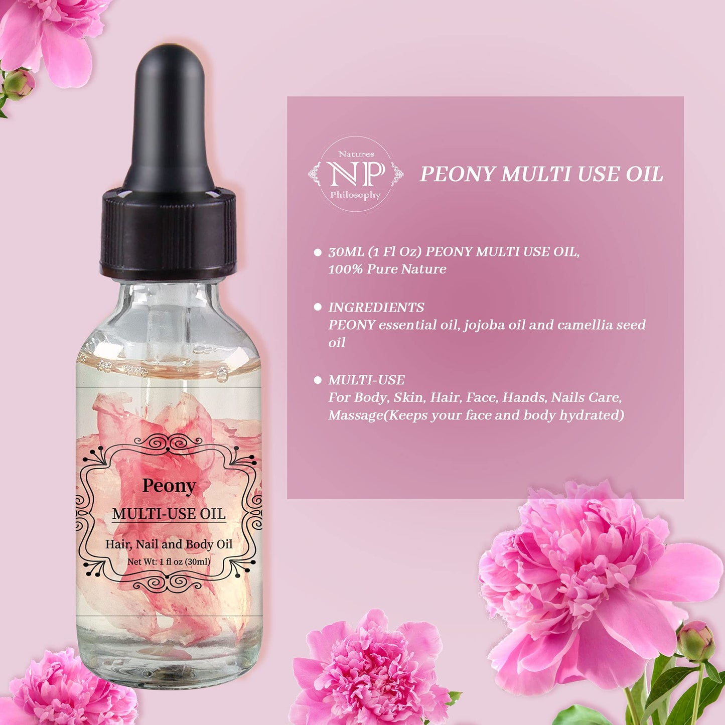 NP NATURES PHILOSOPHY Peony Multi-Use Oil for Face, Body and Hair - Organic Plant Fragrant Essential Oil for Dry Skin, Scalp and Nails - 1 Fl Oz