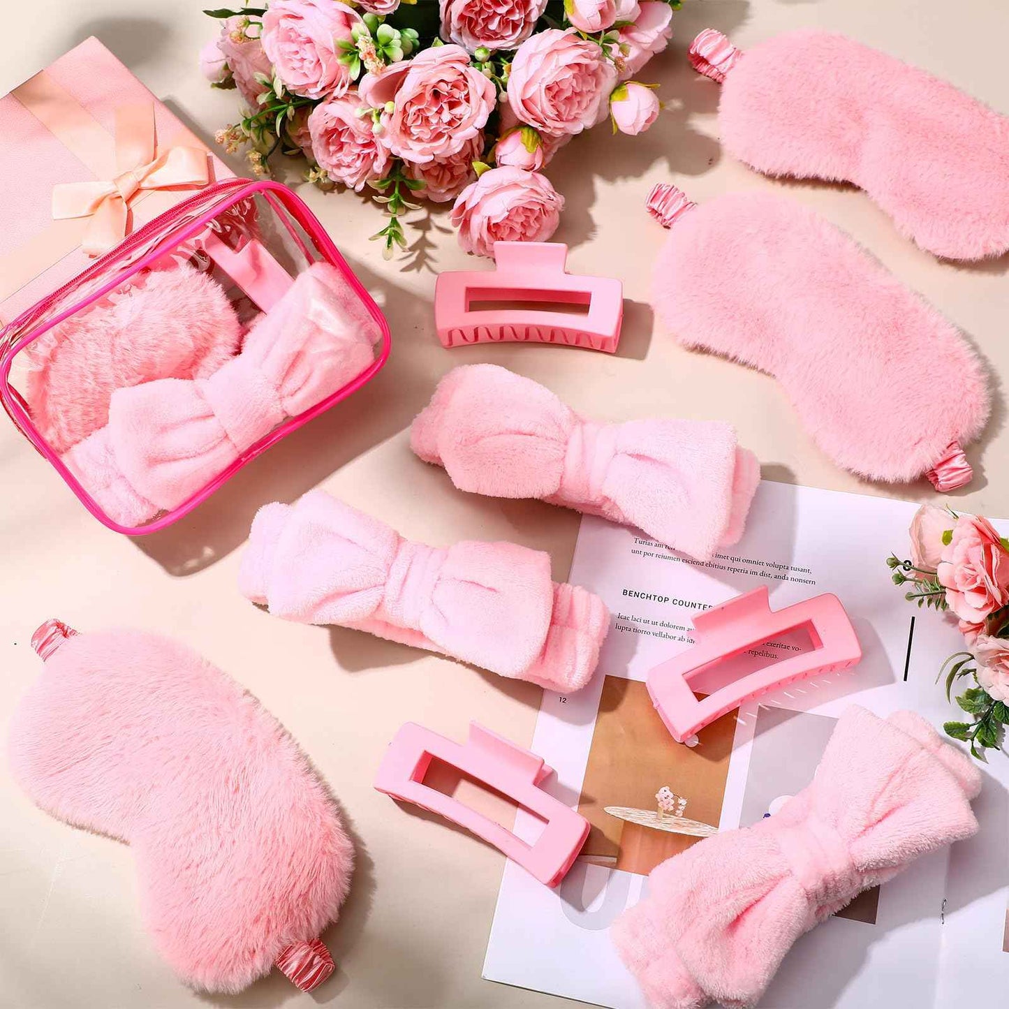 Hoteam 24 Pcs Sleepover Spa Party Favors Supplies 6 Spa Headband 6 Plush Sleep Eye Mask 6 Hair Claw Clips 6 Clear Cosmetic Bags for Slumber Party Christmas Gift(Pink)
