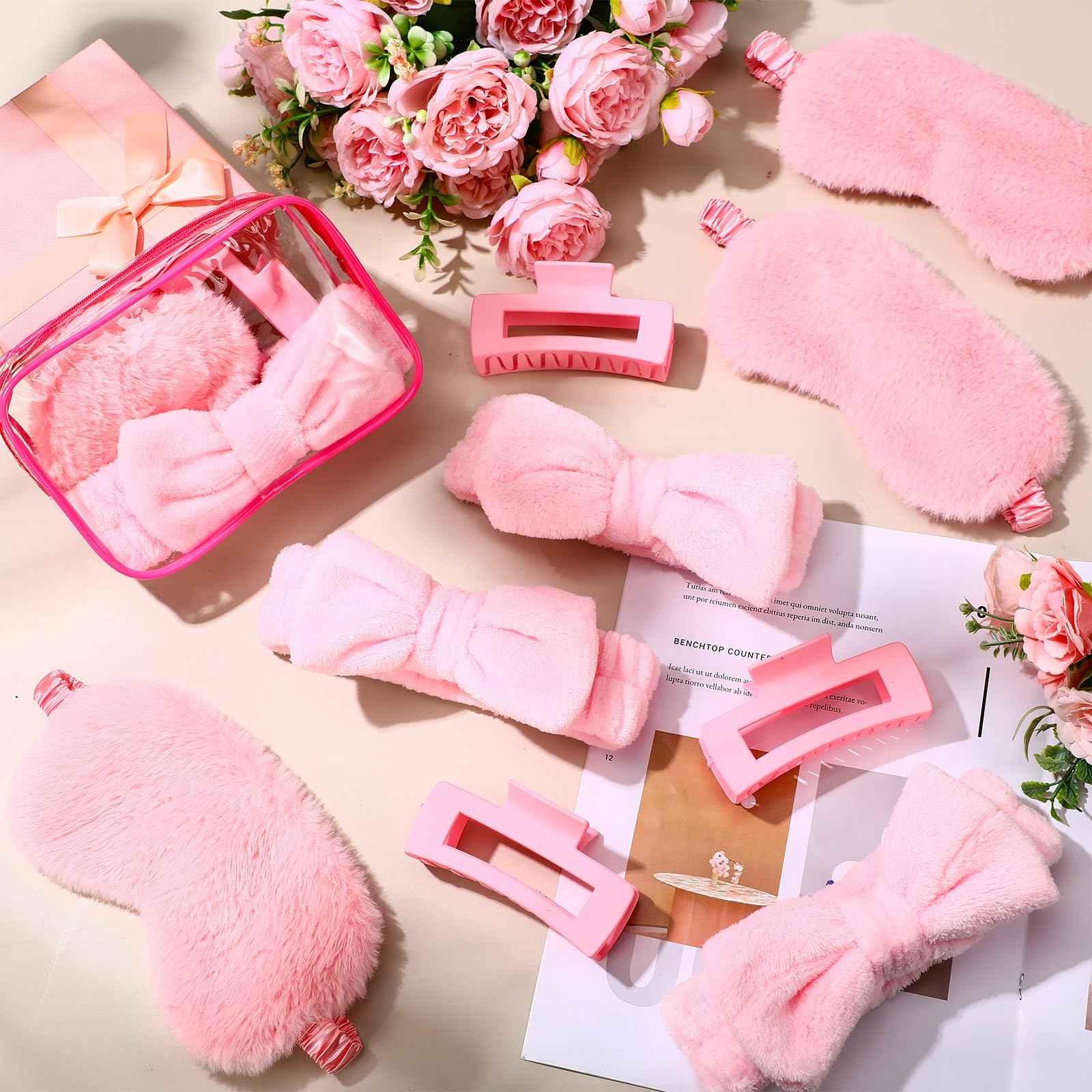 Hoteam 24 Pcs Sleepover Spa Party Favors Supplies 6 Spa Headband 6 Plush Sleep Eye Mask 6 Hair Claw Clips 6 Clear Cosmetic Bags for Slumber Party Christmas Gift(Pink)