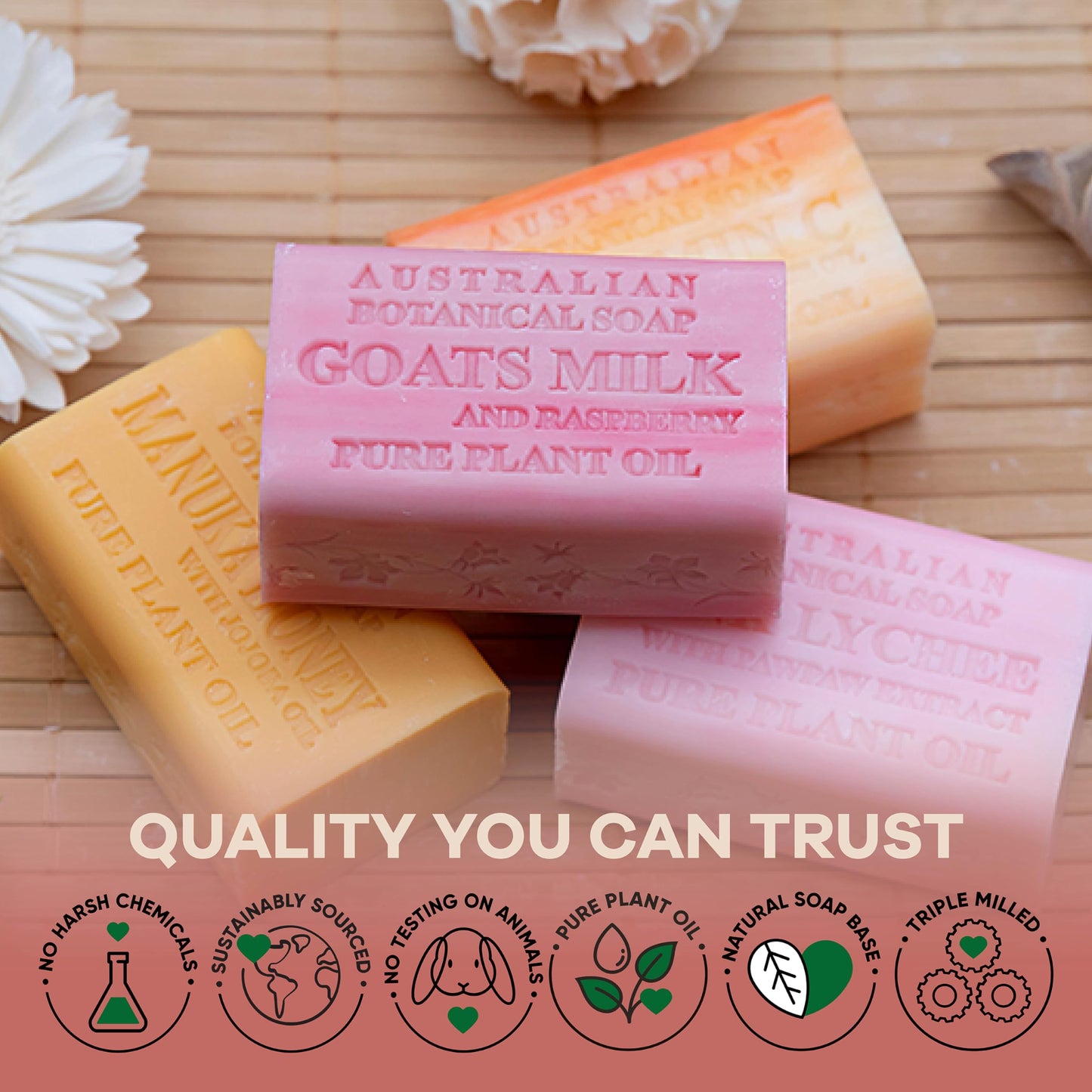 Australian Botanical Soap, Goats Milk with Raspberry, Manuka Honey, Pink Lychee, Valencia Orange 6.6 oz. (187 g) Soap Bars | Natural Soap Base | Shea Butter Enriched Bar Soap - Sweet Fruity Pack of 4