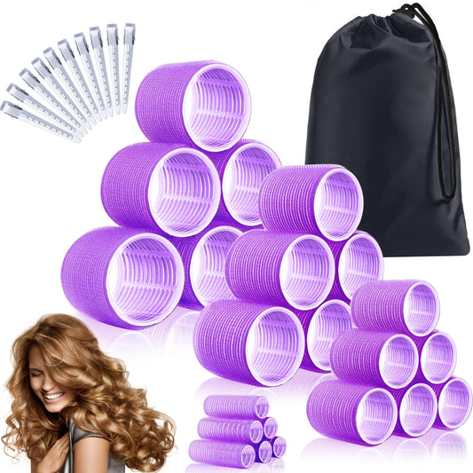 34Pcs Hair Roller Set with Clips, Self-Grip Hair Rollers for Volume, Salon Hairdressing Curlers and DIY Hairstyles, 4 Sizes Rollers Hair Curlers in a Storage Bag (Purple)