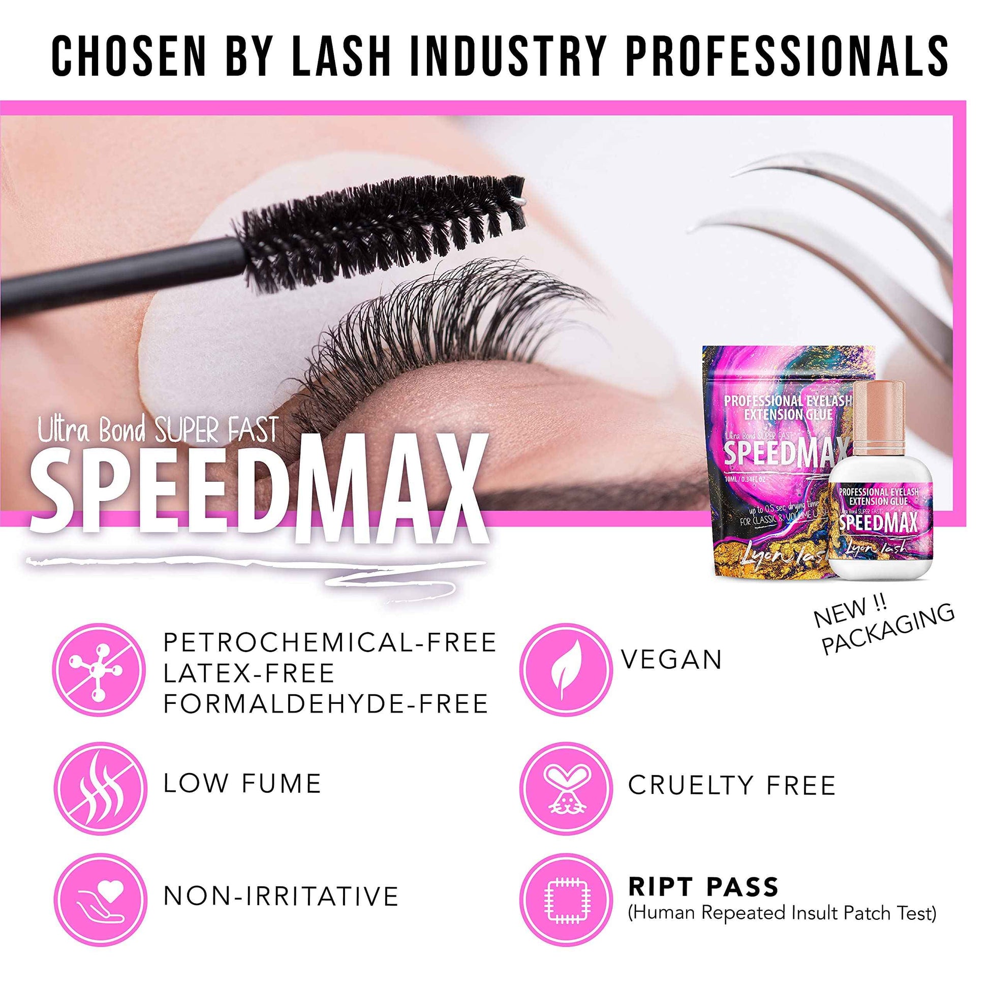 Lyon Lash SPEEDMAX Eyelash Extension Glue | 0.3-1.3 Sec Dry Time | Up to 8 Weeks Retention | Black Adhesive Supplies for Professional Use | (10ml/0.34 fl. Oz)