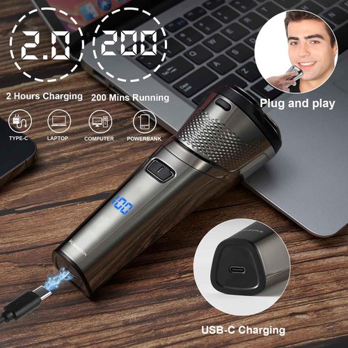 Electric Shaver Razor for Men Face Clean Shave - Rechargeable USB-C, Cordless, Dry/Wet Rotary Shaver with LED Display and Replacement Blade