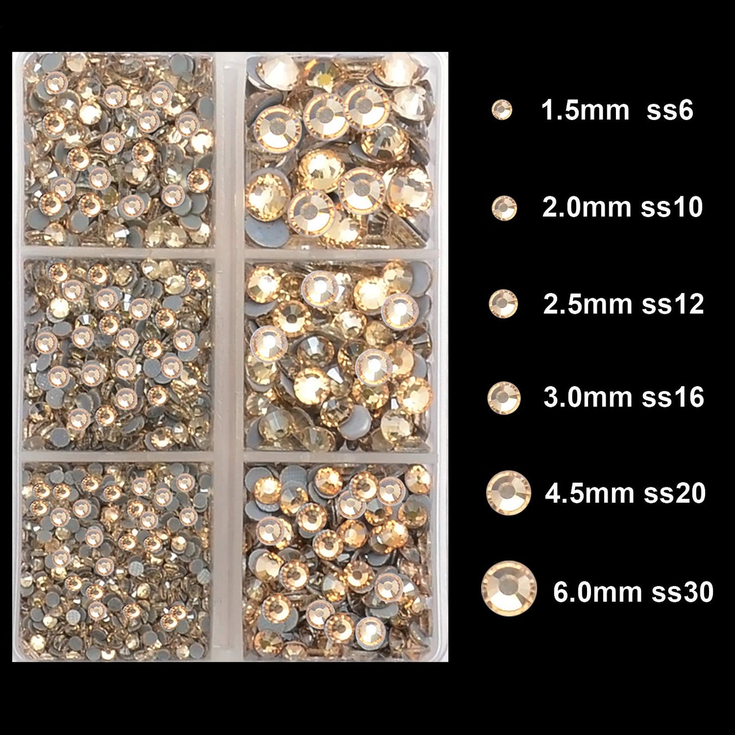 4000Pcs Mixed Size Hot Fix Round Crystals Gems Glass Stones Hotfix Flat Back Rhinestones (Light Champagne)