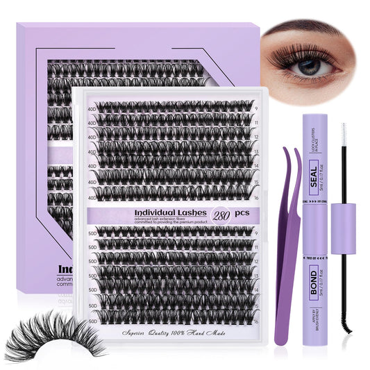 Lash Extension Kit for Beginners 280pcs Eyelash Extension Kit 40D 9-16 Mixed Lash Clusters Kit C Curl Lash Kit with Lash Bond and Seal Individual Lashes Kit DIY (KIT,40D-C-9-16MIX)