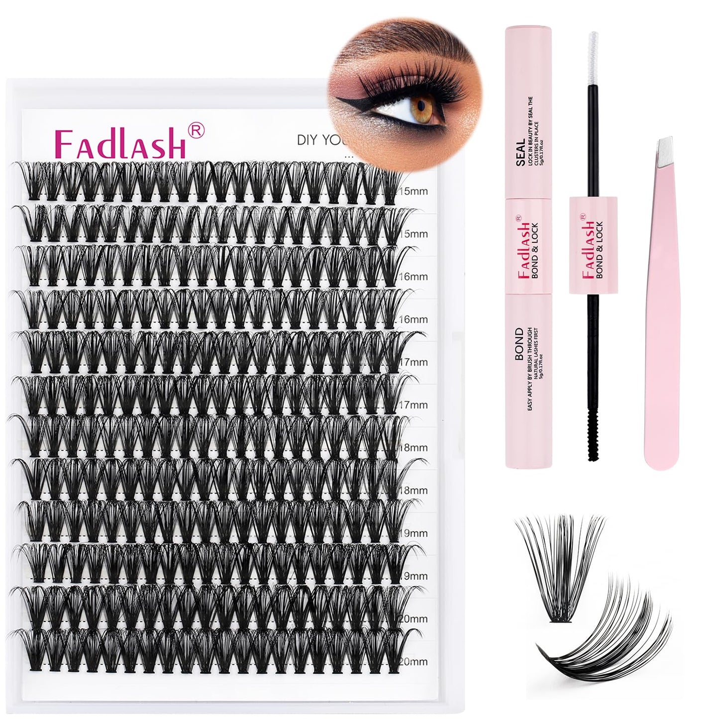 FADLASH DIY Lash Extension Kit Individual Lashes Cluster D Curl Eyelash Extension Kit with Lash Bond and Seal and Lash Applicator Tool for Self Application at Home (40D-0.07D-15-20MIX KIT)