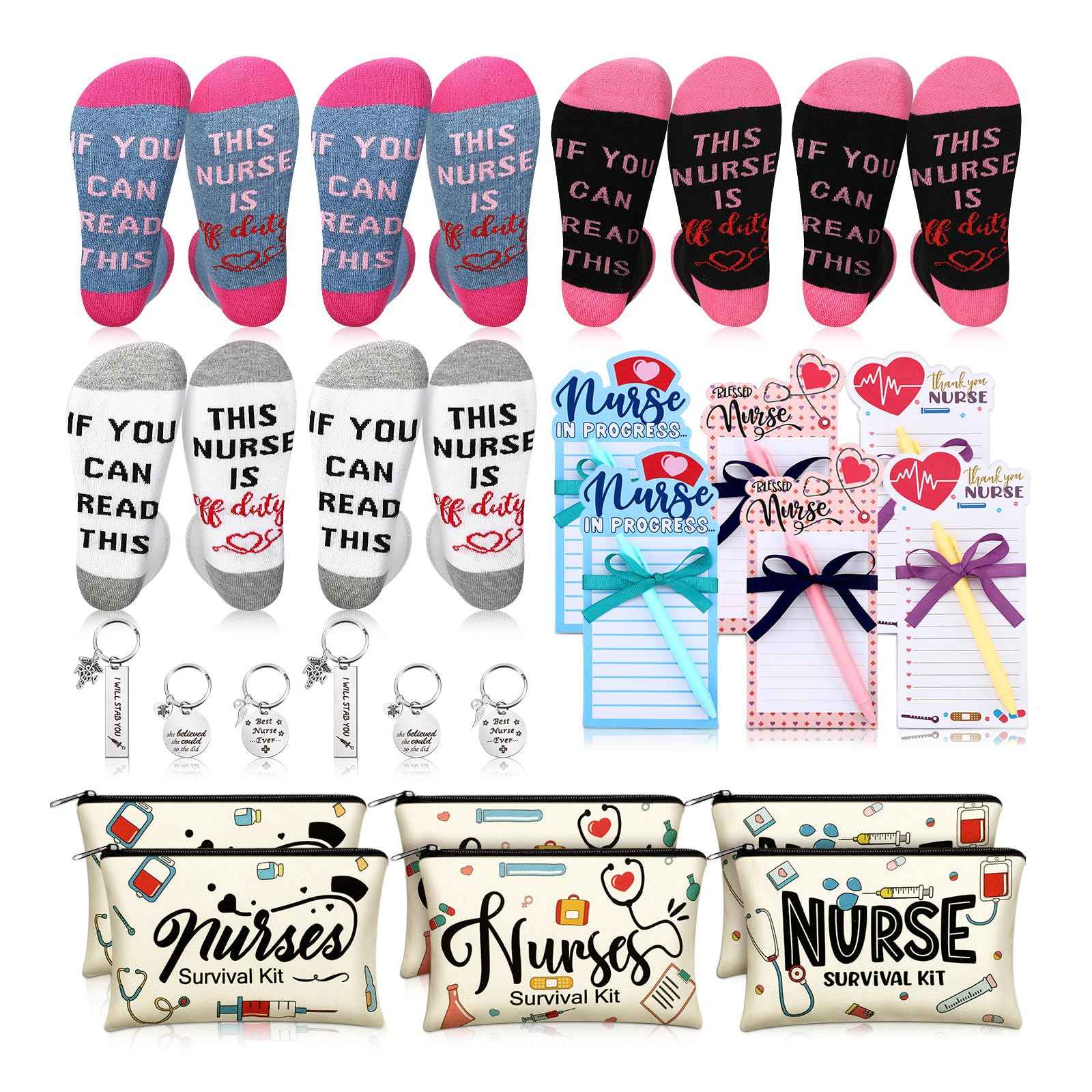 Jiuguva 36 Pcs Christmas Nurse Appreciation Gifts in Bulk 2025 Christmas Nurse Gifts Survival Kit Include Socks Makeup Cosmetic Bags Keychains Notepad for Medical Doctor Assistants Graduation Coworker