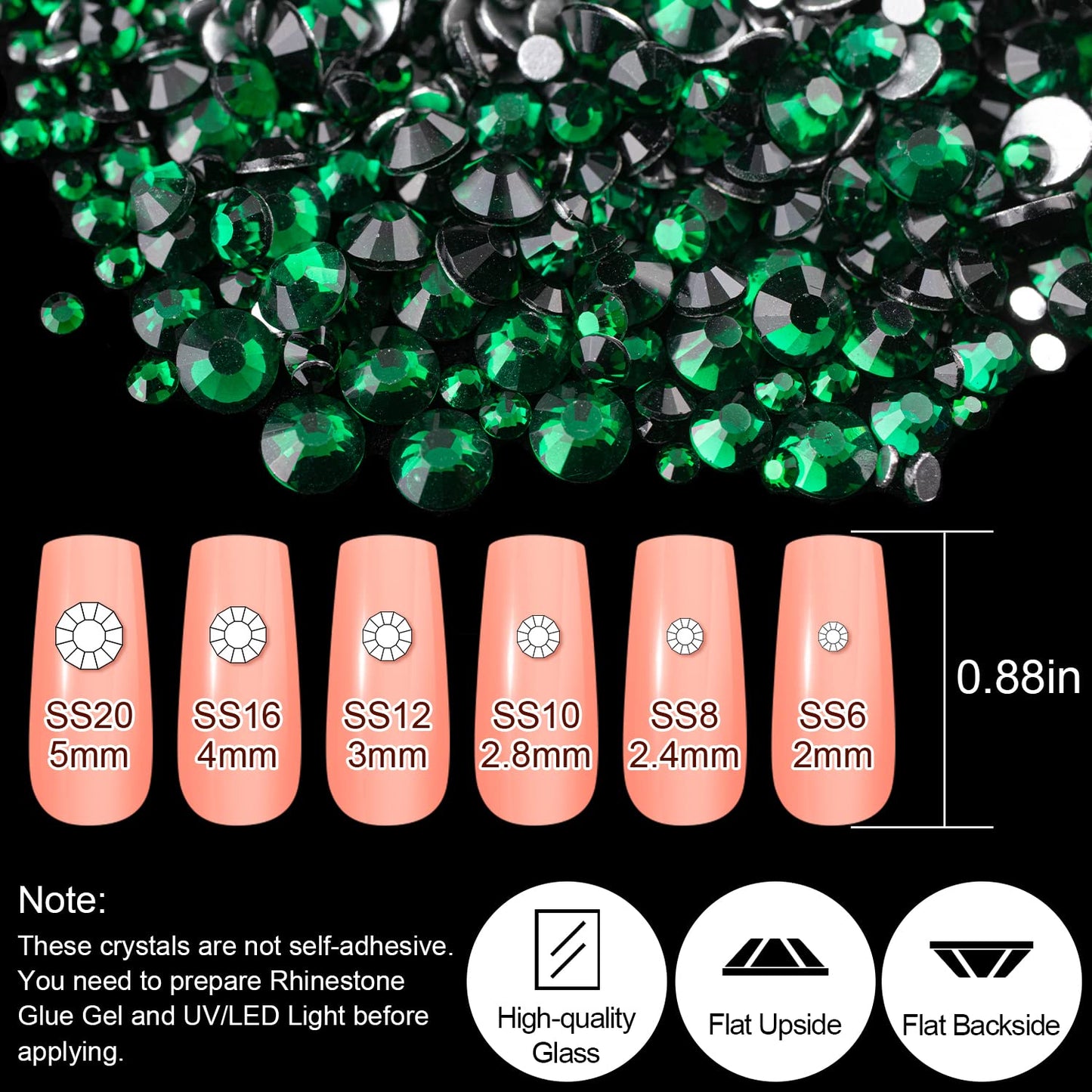 18 Styles Multi-Shaped Glass Gemstones for Nails and 6 Sizes Round Crystal Rhinestones Kit #6, Dark Green Nail Art Charm Bead Manicure Decoration with Pickup Pencil and Tweezer