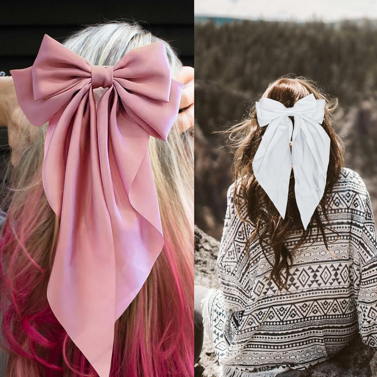 4PCS Hair Bows for Women Big Satin Ribbon Hair Bows Clips White Black Pink Khaki Hair Bows for Girls Oversized Long Tail Silky Ribbons Hair Clips Barrettes Bowknot Hair Accessories Gift