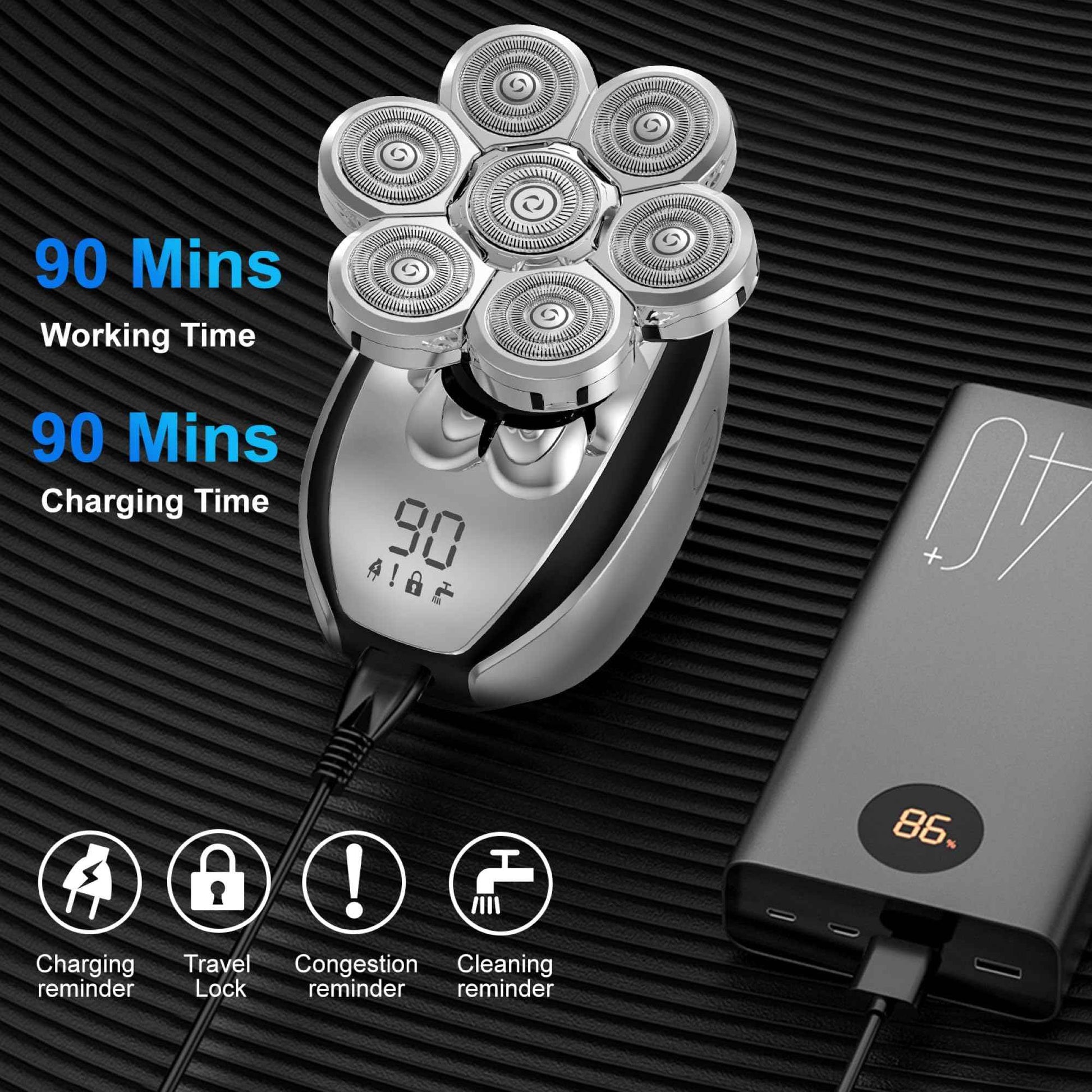 Head Shavers for Bald Men, Electric Razor for Bald Men, Waterproof Head Shavers, 3 in 1 Grooming Kit, 7D Rechargeable Rotary Shaver with Led Display