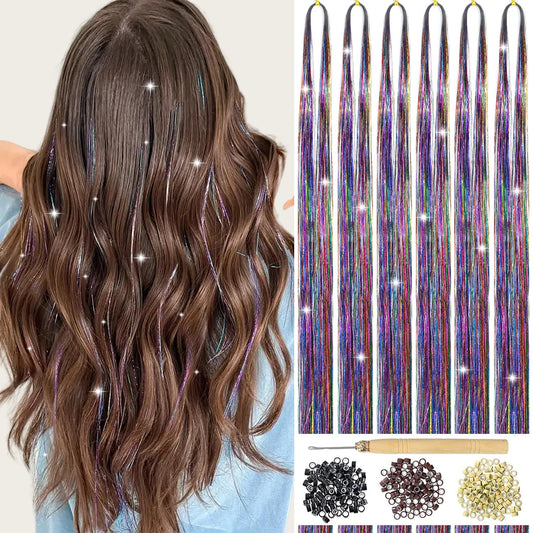 USHUIUS Hair Tinsle Kit with Tools 6Pcs 1200 Strands Fairy Hair Tinsel Heat Resistant Glitter Hair Extension Hair Tensile Kit Sparkling Shiny Tinsel Hair Extensions for Girls Women Kids (Colorful)